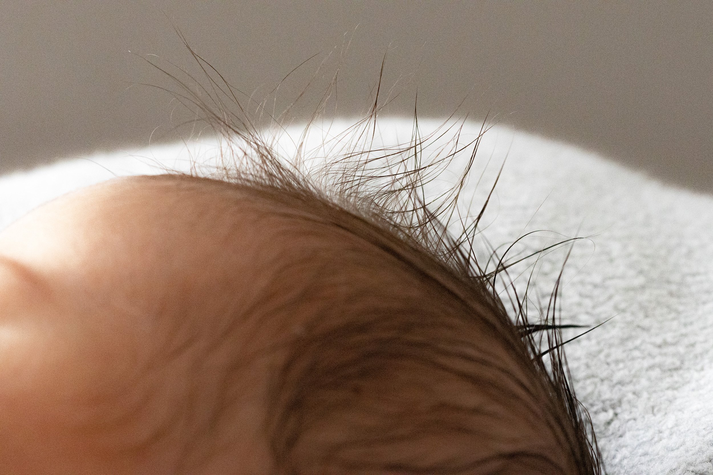 Nahaufnahme von Babykopf mit nassen Haaren auf weißem Handtuch