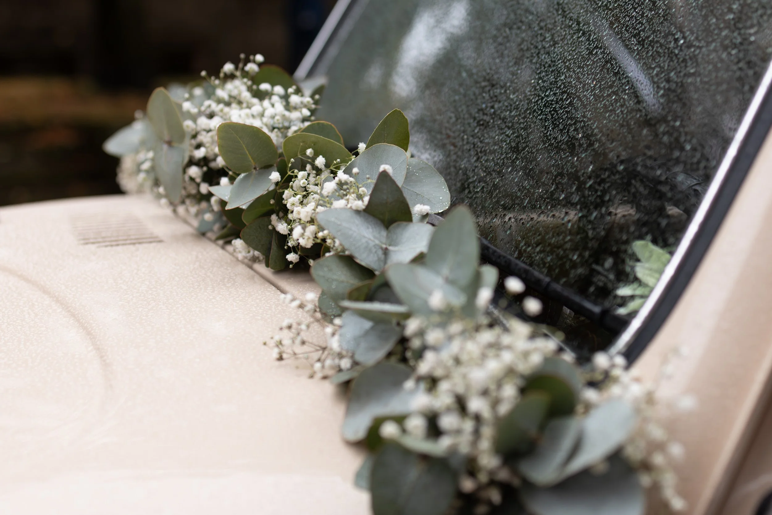 Blumenkranz aus weißen kleine Blüten und grünen Blättern an einem Auto mit beschlagener Windschutzscheibe.