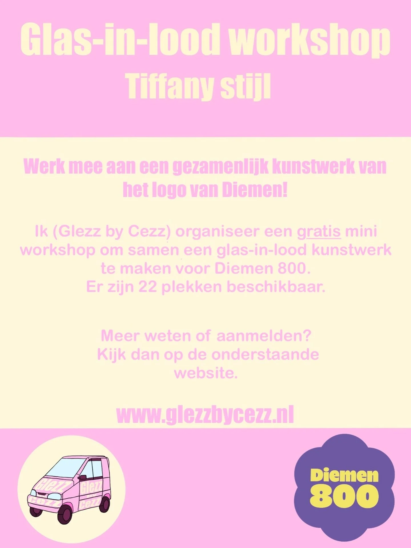 Woon je in Diemen en houd je van creatief bezig zijn? Voor de viering van Diemen 800 organiseer ik gratis mini workshops voor 22 inwoners. Samen werken we aan een groot glas kunstwerk van het logo van Diemen. Wil je meer weten of aanmelden? Kijk dan 