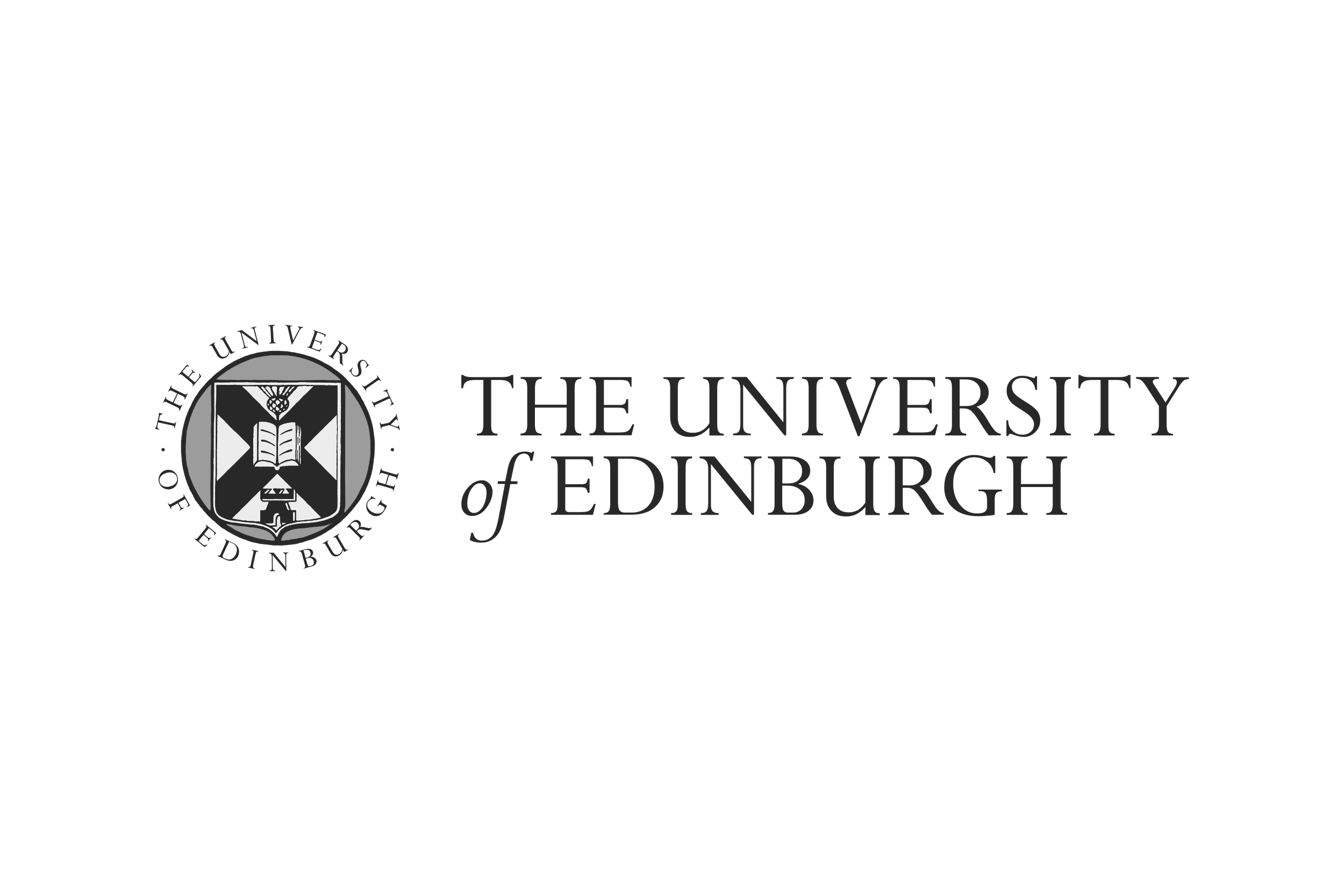 Black and white logo of The University of Edinburgh, featuring a shield with open book, a quill, and a thistle, accompanied by the university's name.