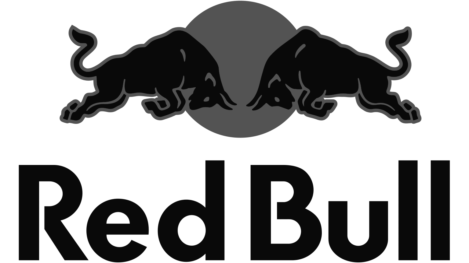 Black and white Red Bull logo featuring two bulls charging towards each other in front of a circular background with the text 'Red Bull' underneath.