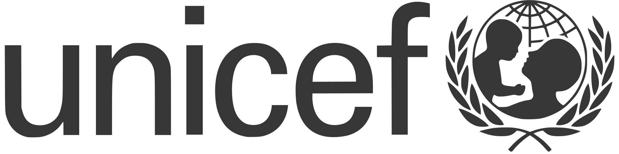 UNICEF logo with the word 'unicef' and an icon of a child facing another child, surrounded by a laurel wreath.