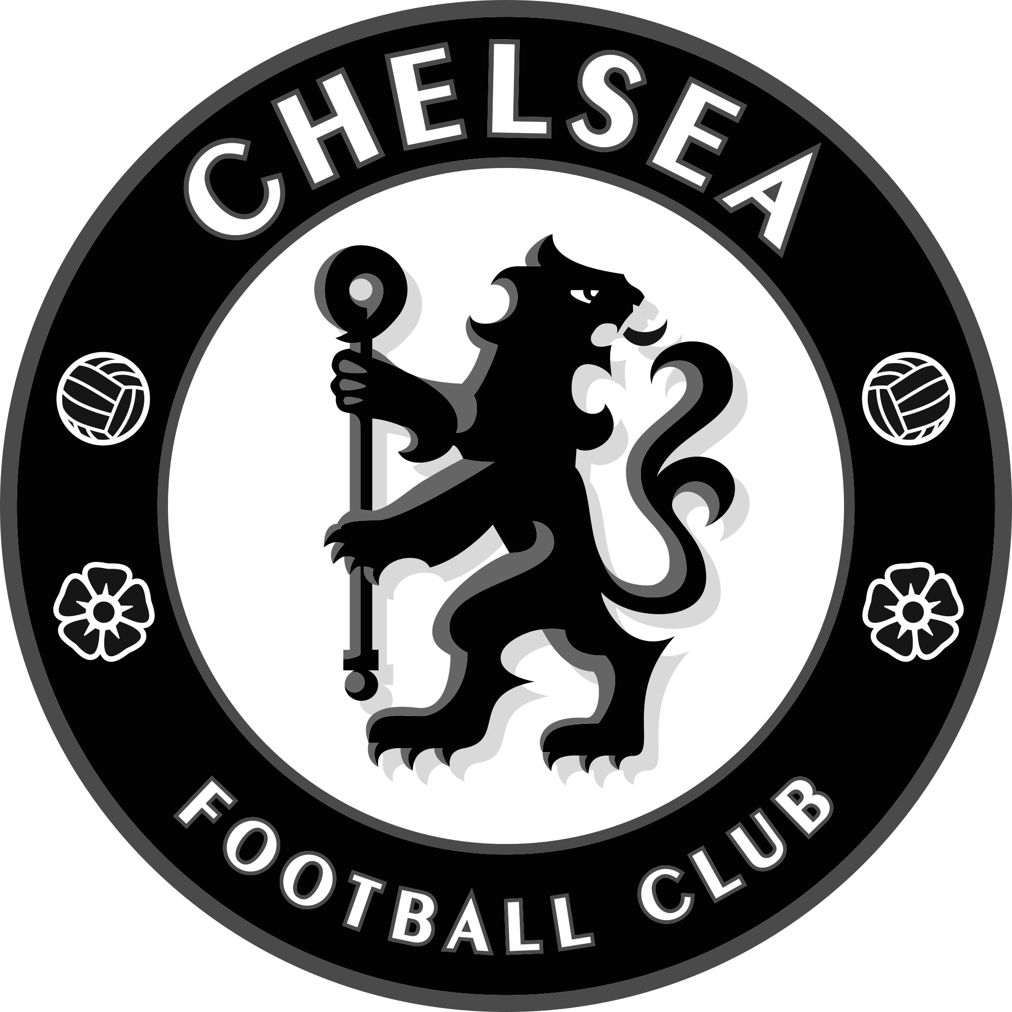 The Chelsea Football Club logo featuring a black lion holding a staff, encircled by the text 'Chelsea Football Club' with football and flower icons.