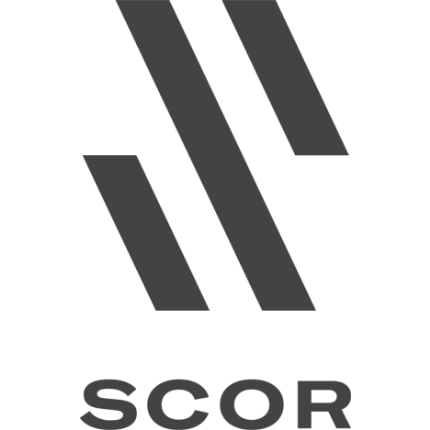 Close-up of a black and gray SCOR logo with stylized lines and text.