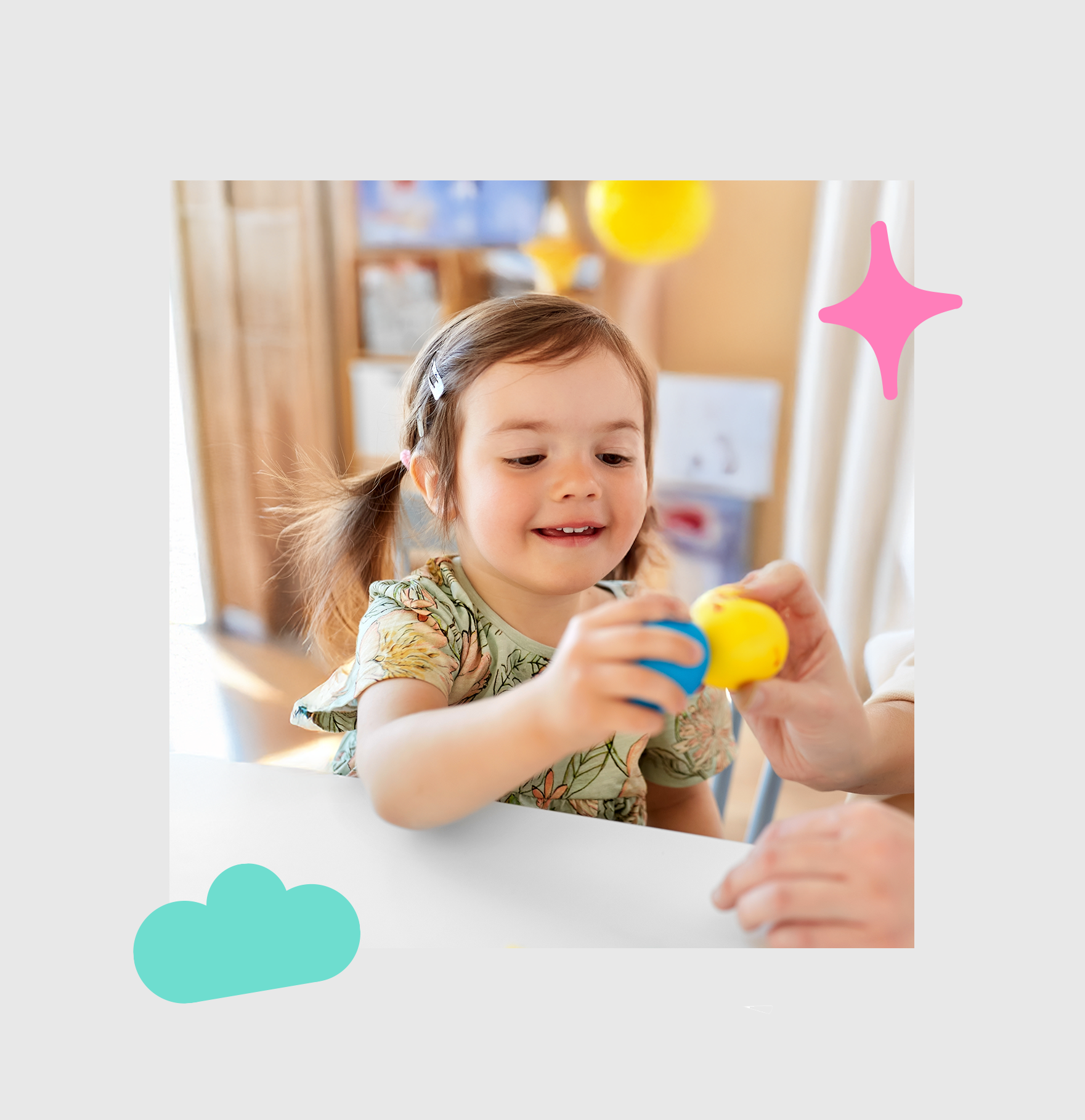 Little girl with Play Therapist holding toys and learning