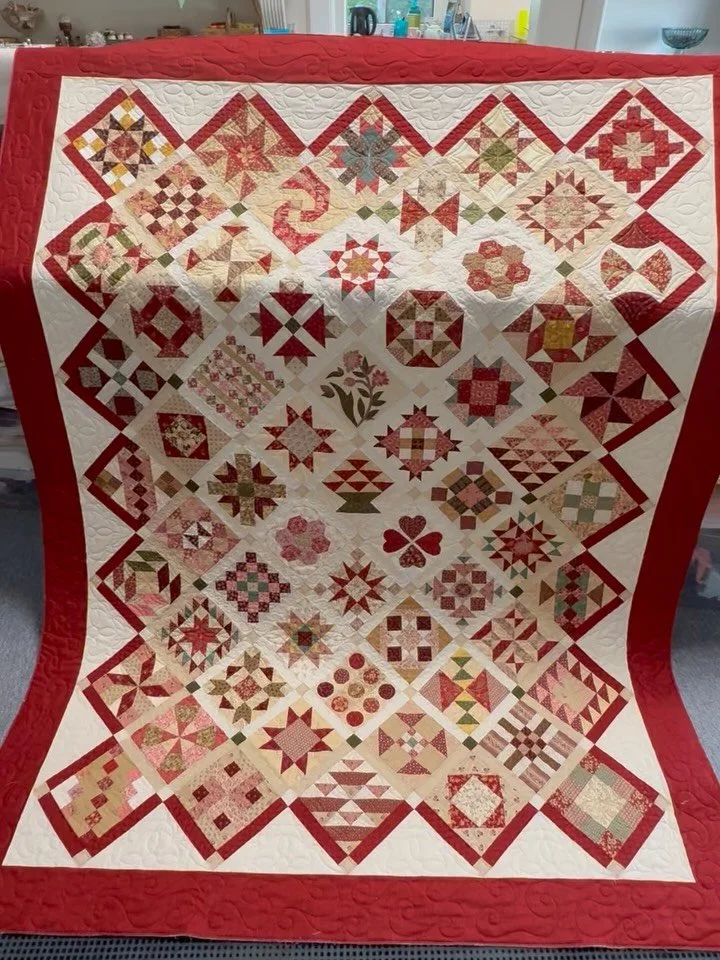 Auch diesen wundersch&ouml;nen Samplerquilt durfte ich mit meinem Longarm Quilting unterstreichen.
Vielen Dank an meine liebe und treue Kundin @patchwork_heidi 
#patchwork#quilting#handmade#sampler#sewing