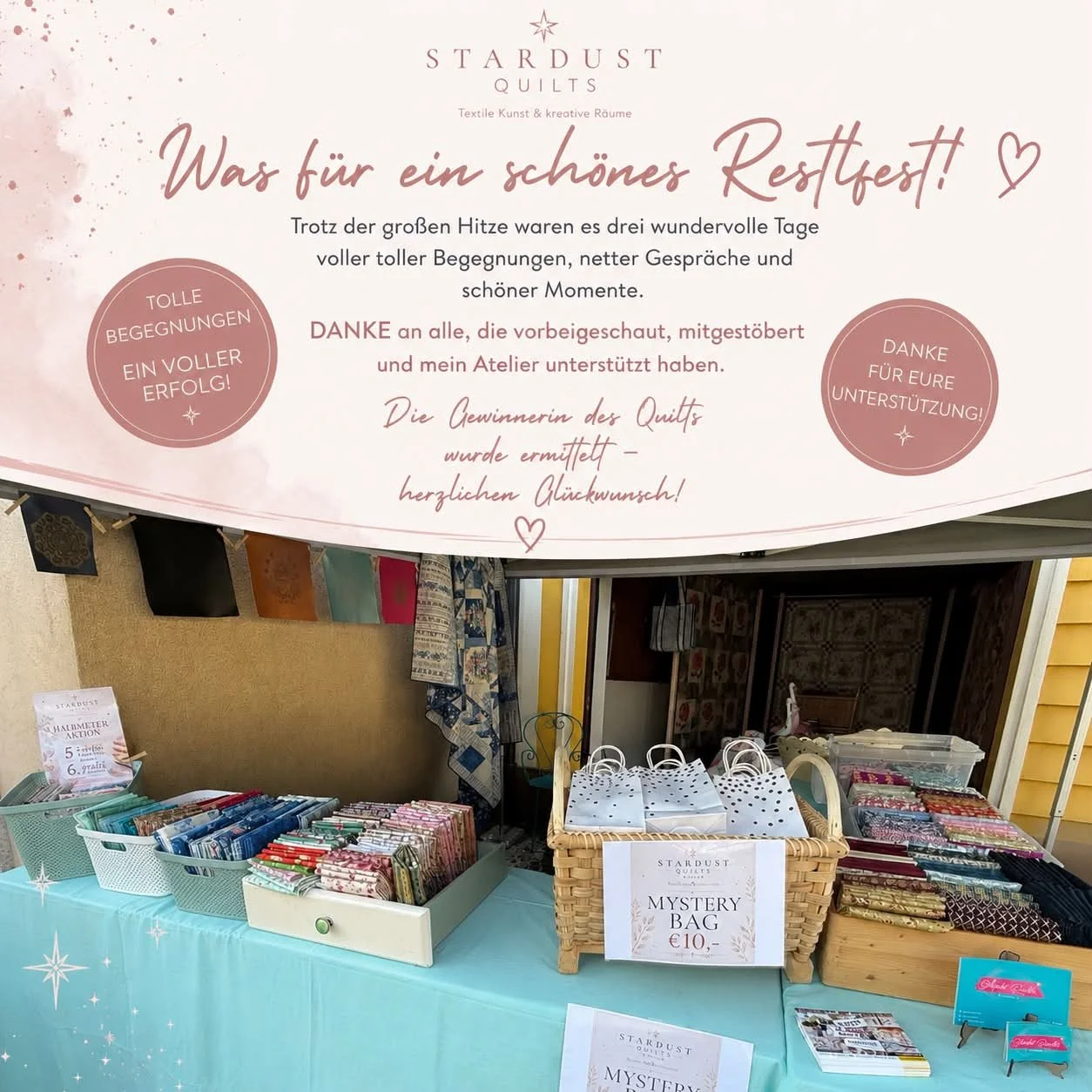 Die Gewinnerin des Quilts ist Ulrike Lichtblau

Wir gratulieren dir ganz herzlich! 💖💖💖