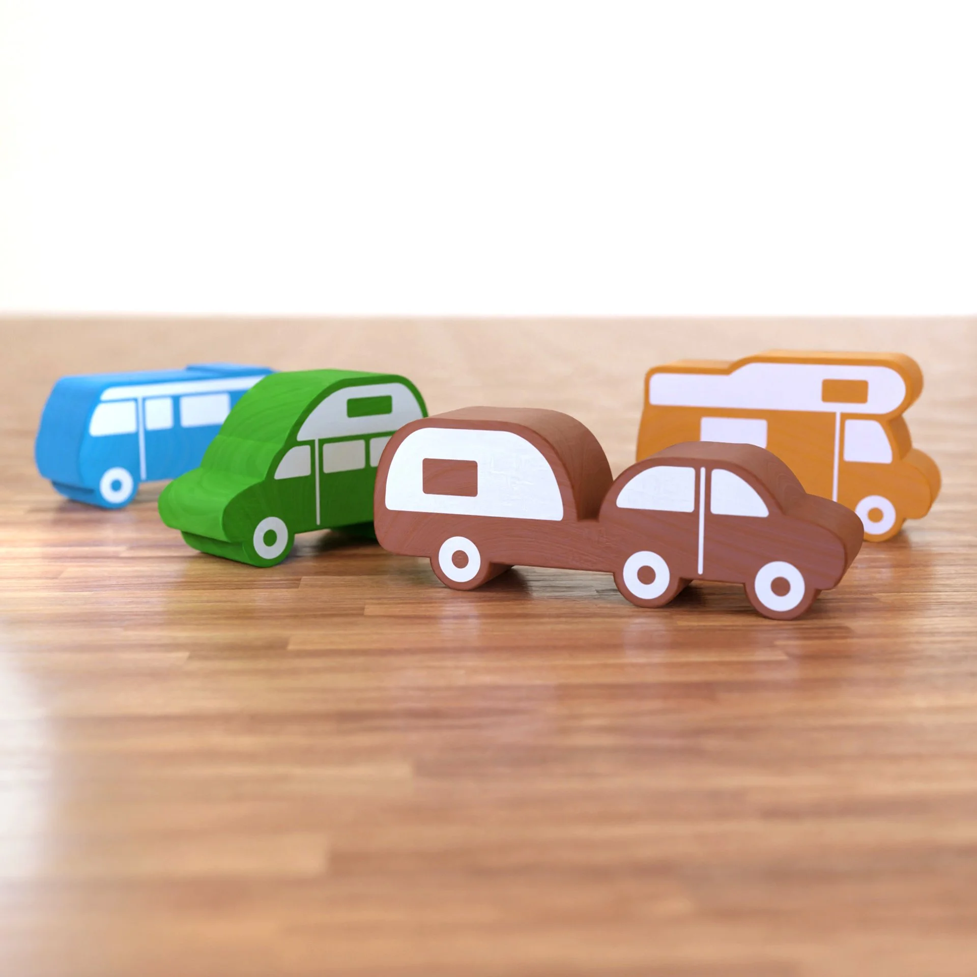 Colorful wooden meeples of cars and camper vans in blue, green, brown, and orange.