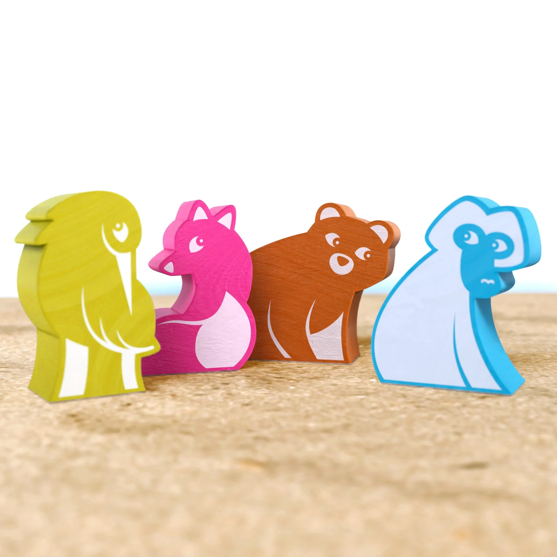 Colorful wooden meeples representing a bird, fox, bear, and monkey.