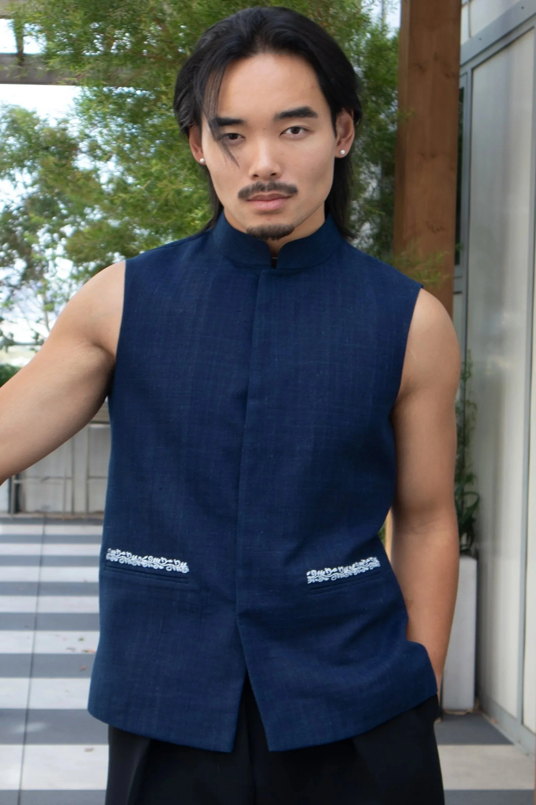 Indigo Printed Nehru Vest