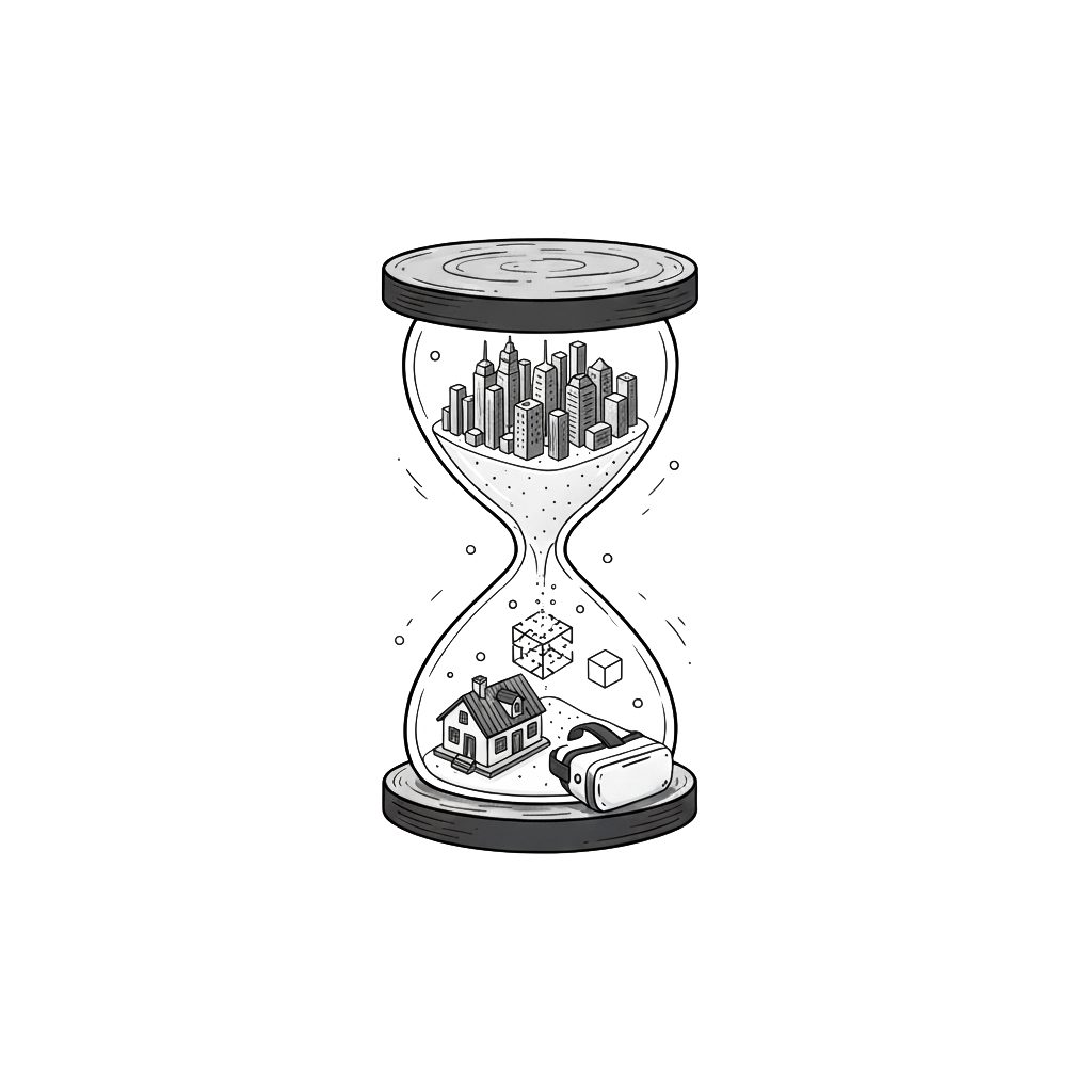 Un reloj de arena con ciudades, casas, un cubo y un auricular en su interior, simbolizando el paso del tiempo y el intercambio entre lo urbano y lo residencial.