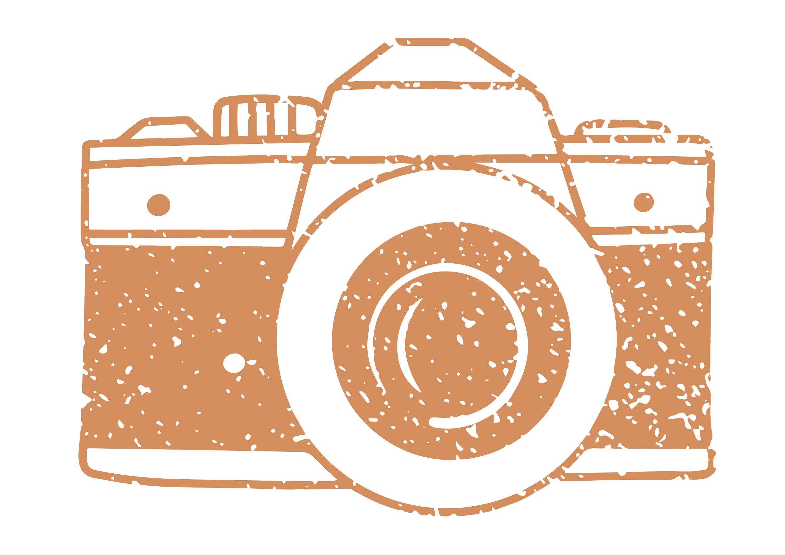 Illustration d'une caméra ancienne en style dessiné, en couleur orange avec détails noirs.