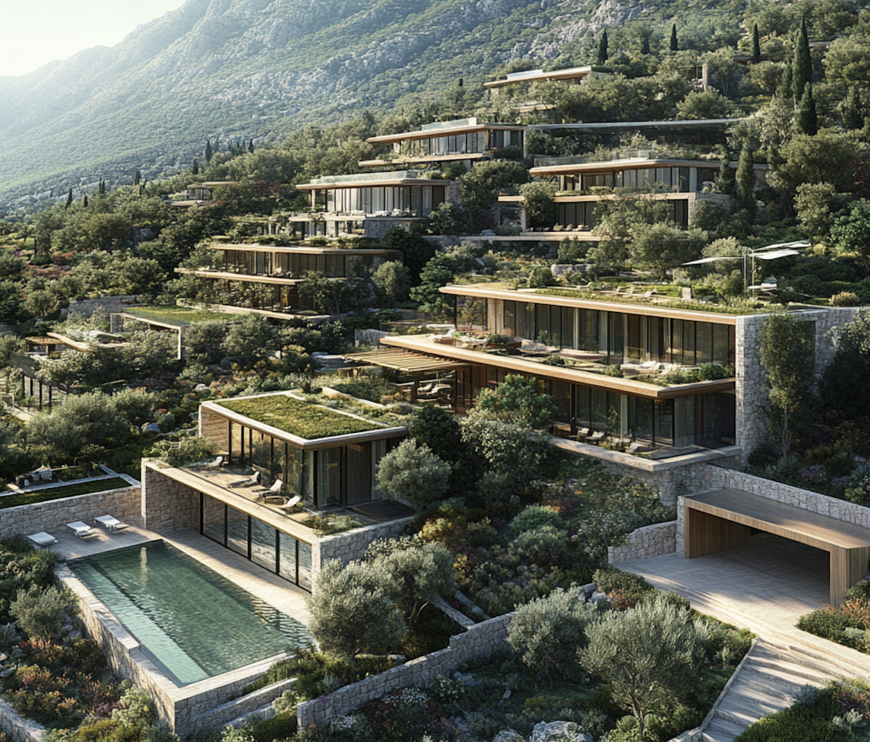 Modern multi-level hillside residential complex with large glass windows, flat roofs, outdoor terraces, landscaped gardens, and a swimming pool surrounded by lush greenery and rocky terrain.