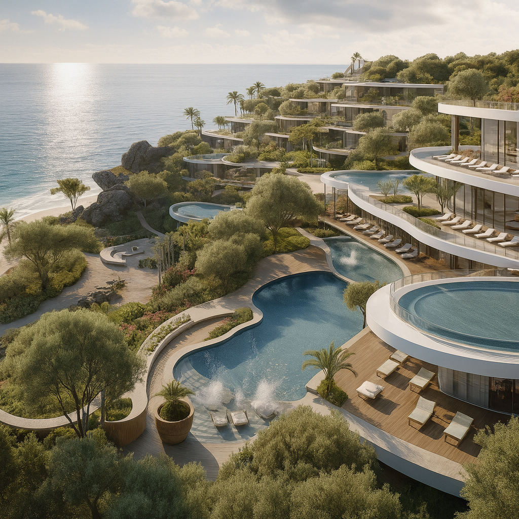 Luxury hillside resort with multiple infinity pools overlooking the ocean, surrounded by lush green trees and modern glass buildings with outdoor lounge chairs.