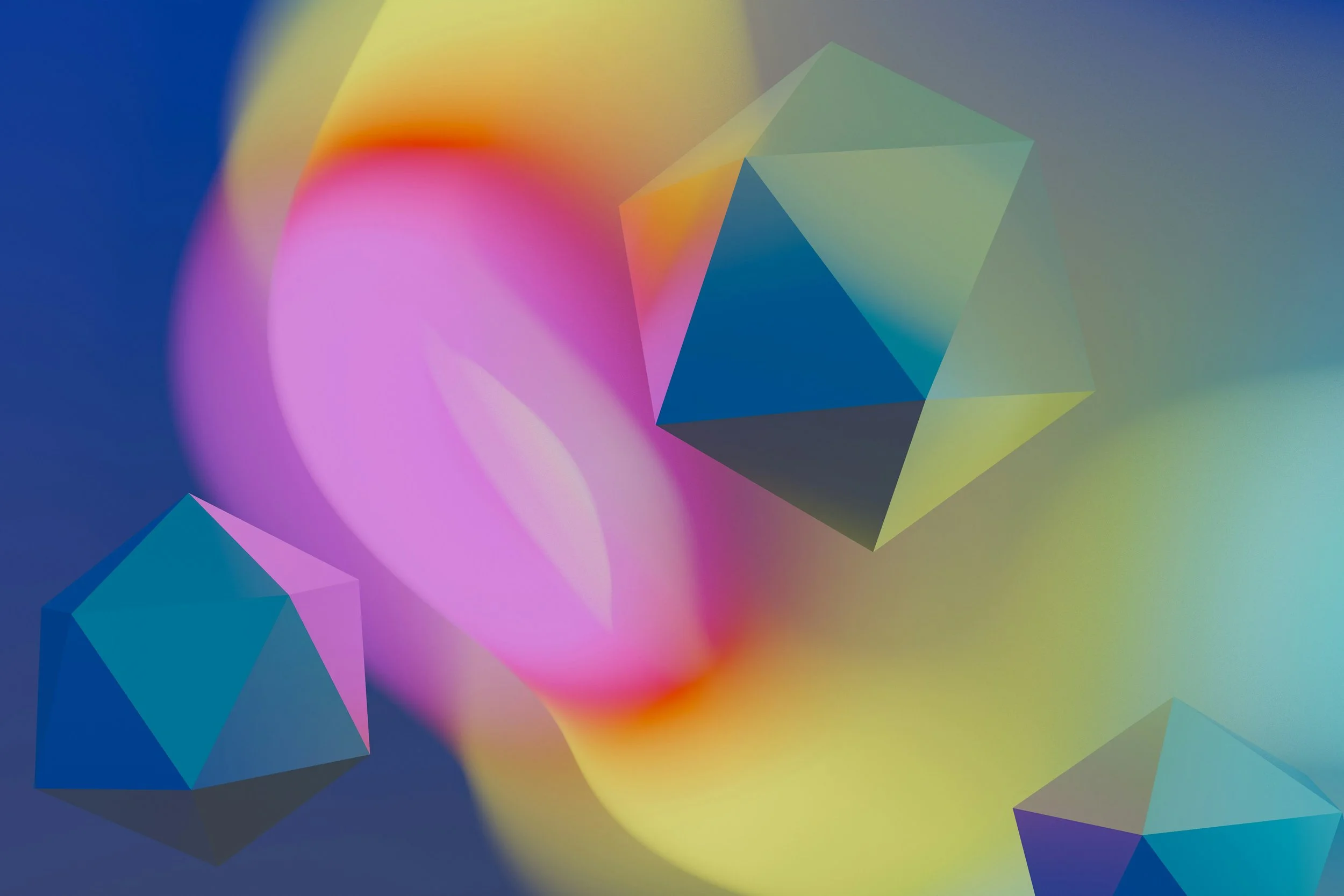 Abstract digital art with colorful 3D geometric shapes and a blurred, multicolored background.
