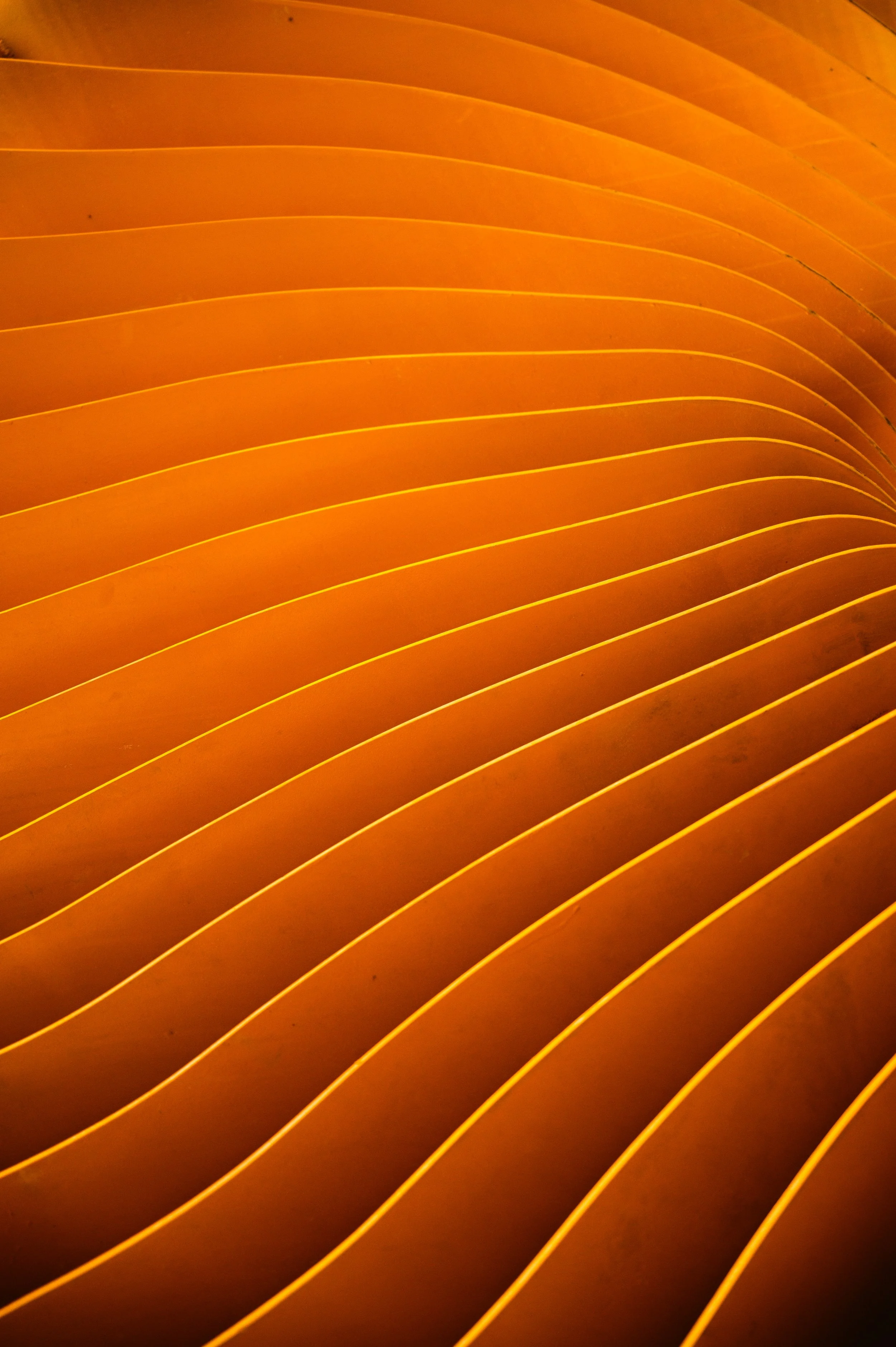 Close-up of orange paper fans or pleated material arranged in a curved pattern.