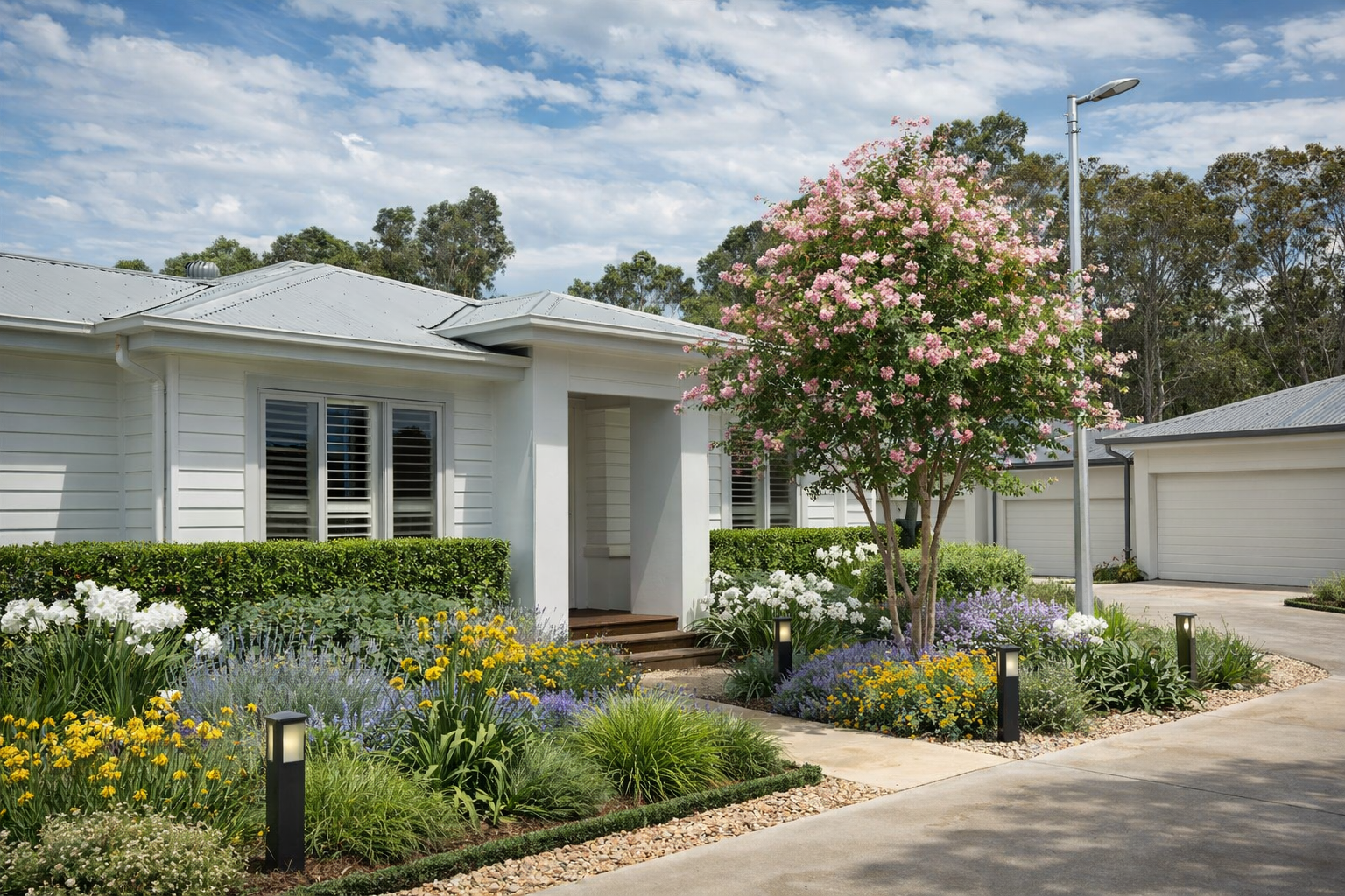 Front view of a white house with a well-maintained garden, a pink flowering tree, and a driveway under a partly cloudy sky.