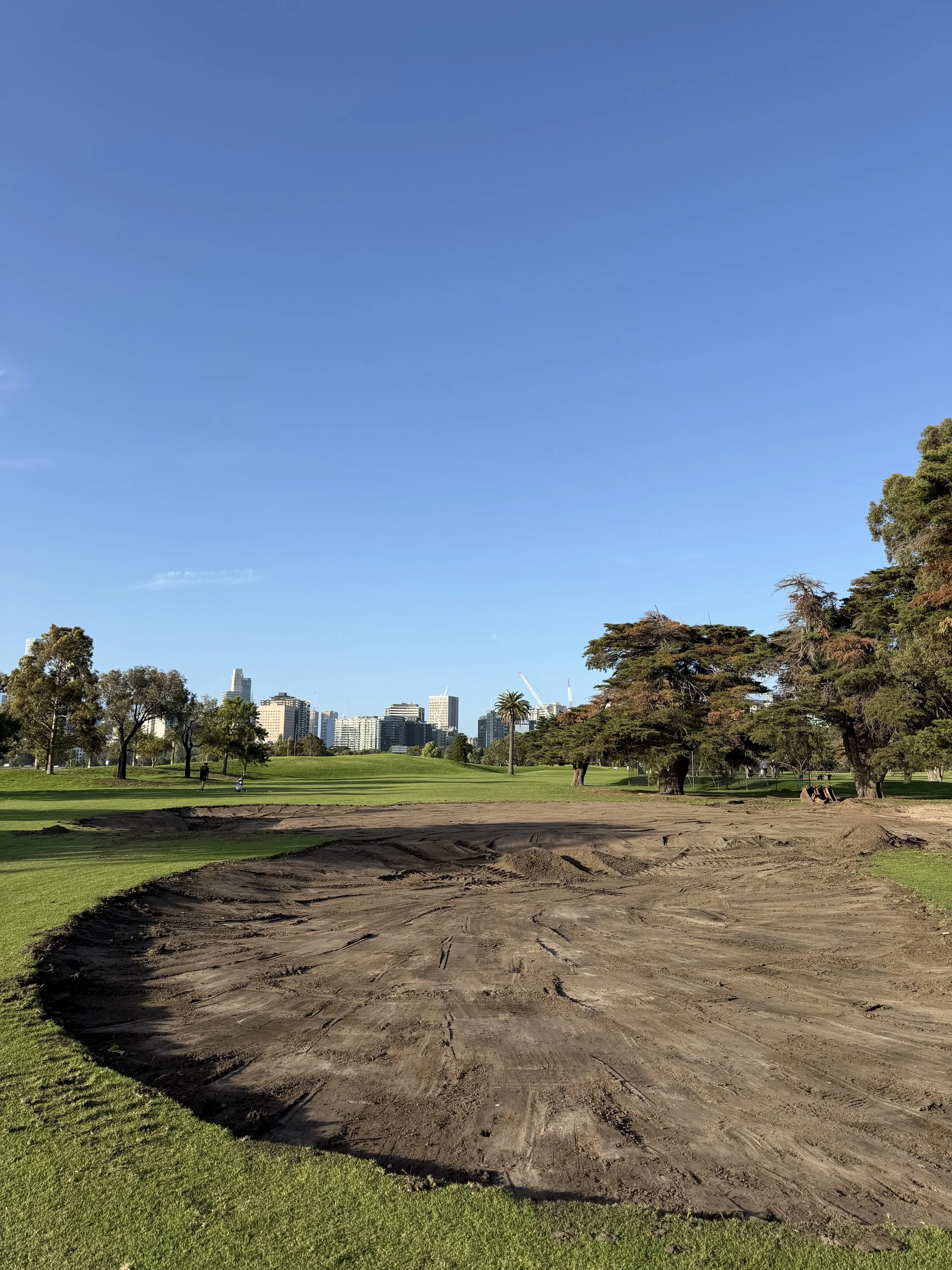 A park with a dirt path and green grass, trees on either side, and a city skyline in the distance under a clear blue sky.