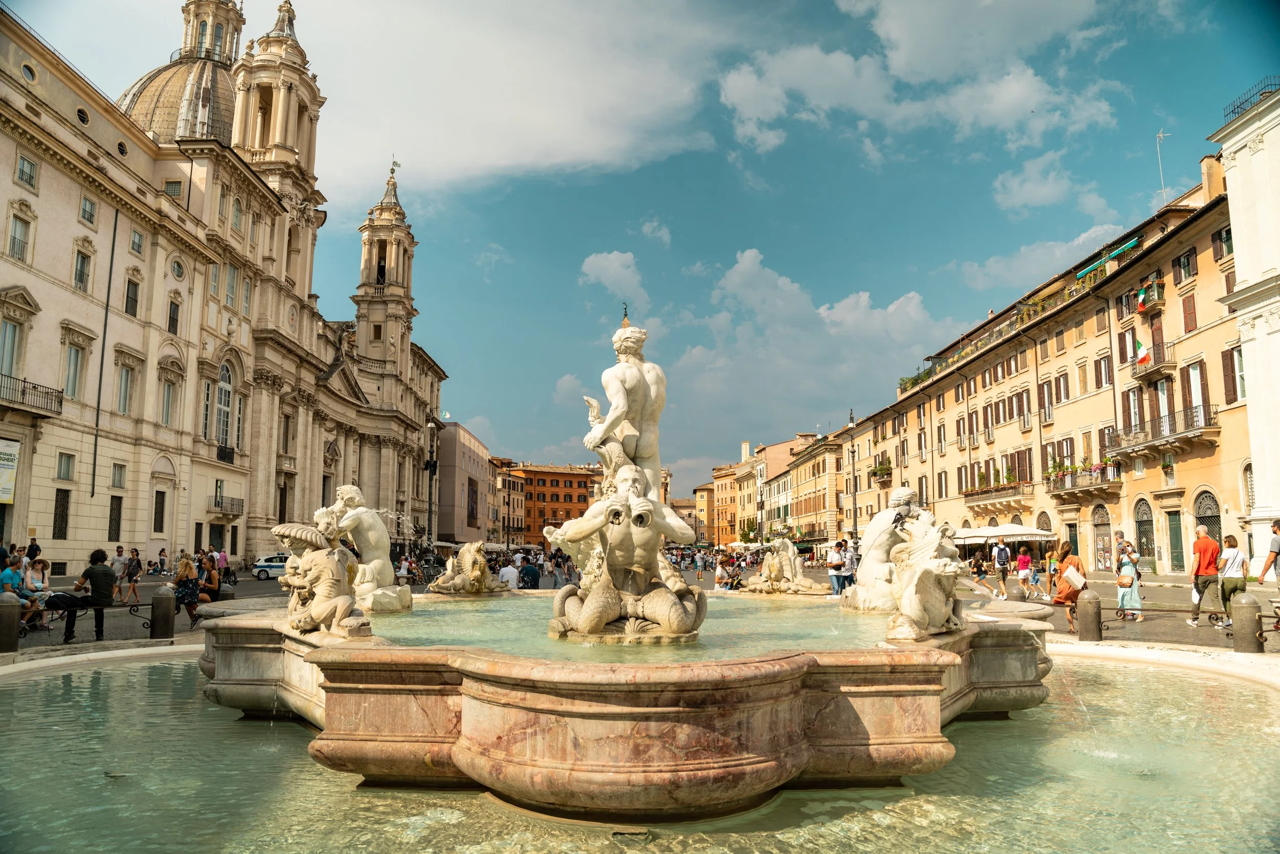 Piazza Navona in Rome with beautiful sunshine and blue sky.