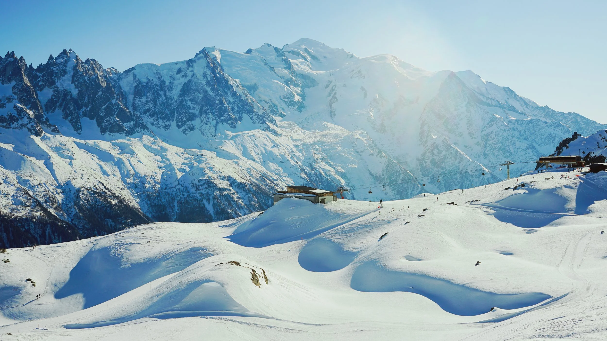 Paysage Massif in the Chamonix Valley. Fresh white snowfall with blue skies and dramatic scenes of Mont Blanc in the background.