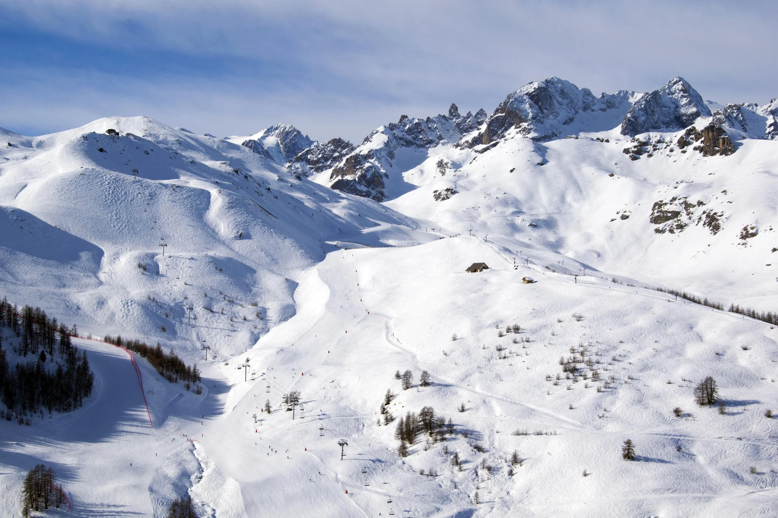 Serre Chevalier ski area. A drone shot showing the expanse of the region with fresh snowfall.