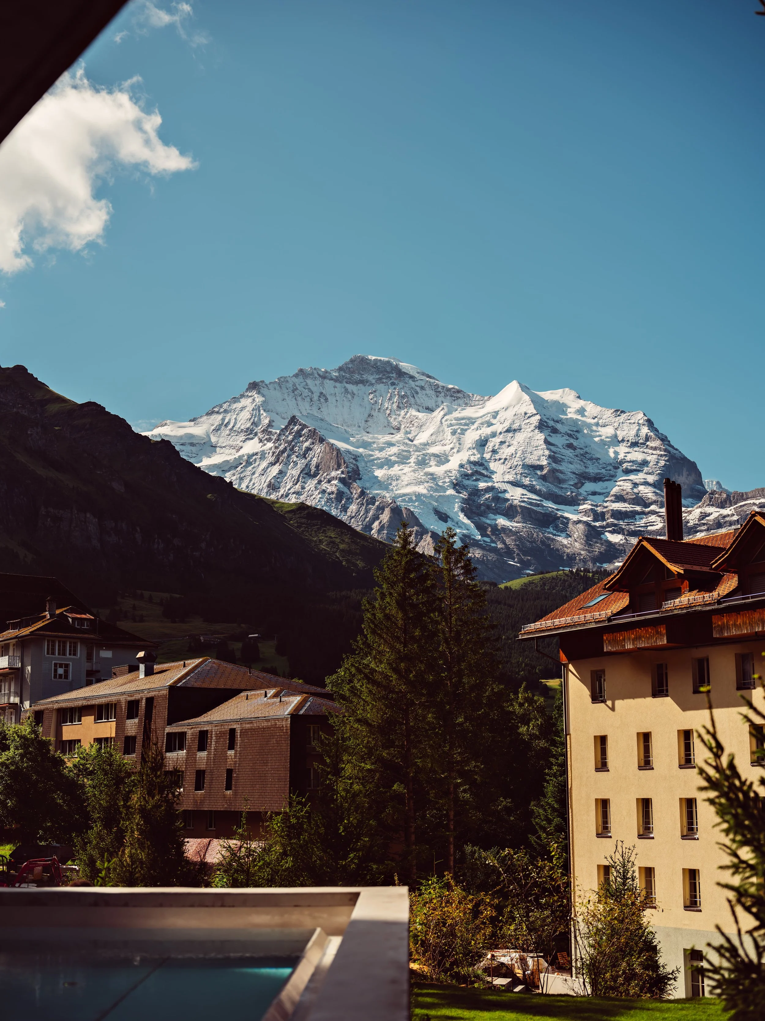 View of snow-capped mountains behind residential buildings and trees in a small town or village, with a clear blue sky and some clouds.
