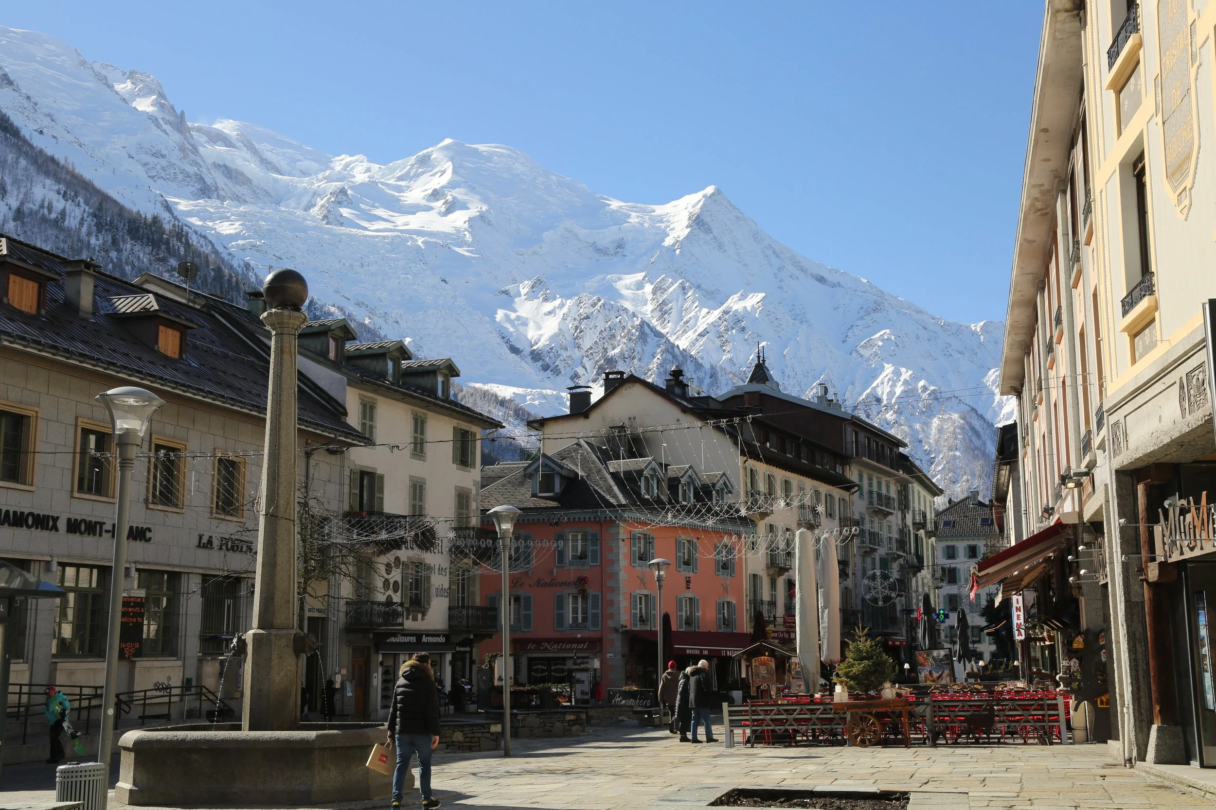 View of the snow-capped mountains from Chamonix town