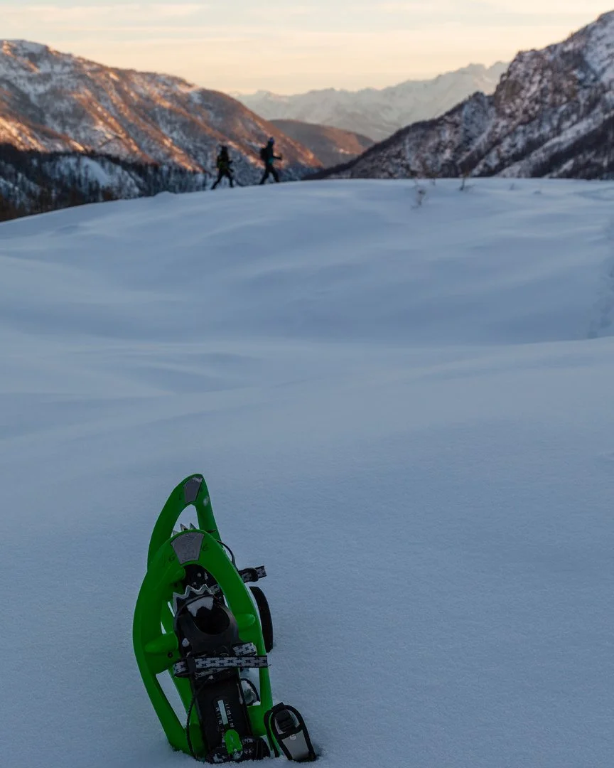 A snow-covered landscape with two hikers in the distance and a snowshoe in the foreground.