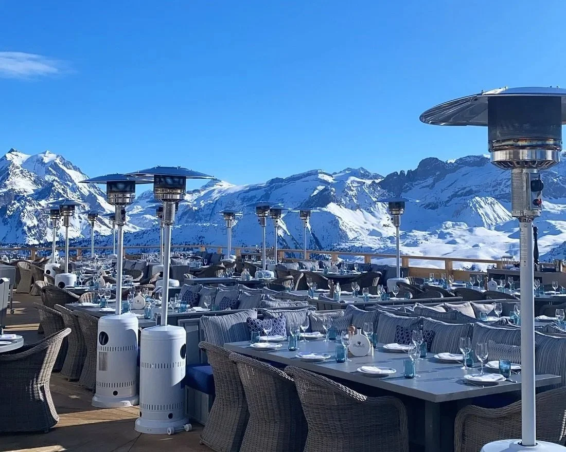 Bagatelle, Courchevel terrace. Comfy chairs and freestanding heaters adorn the terrace to maximise guest comfort.