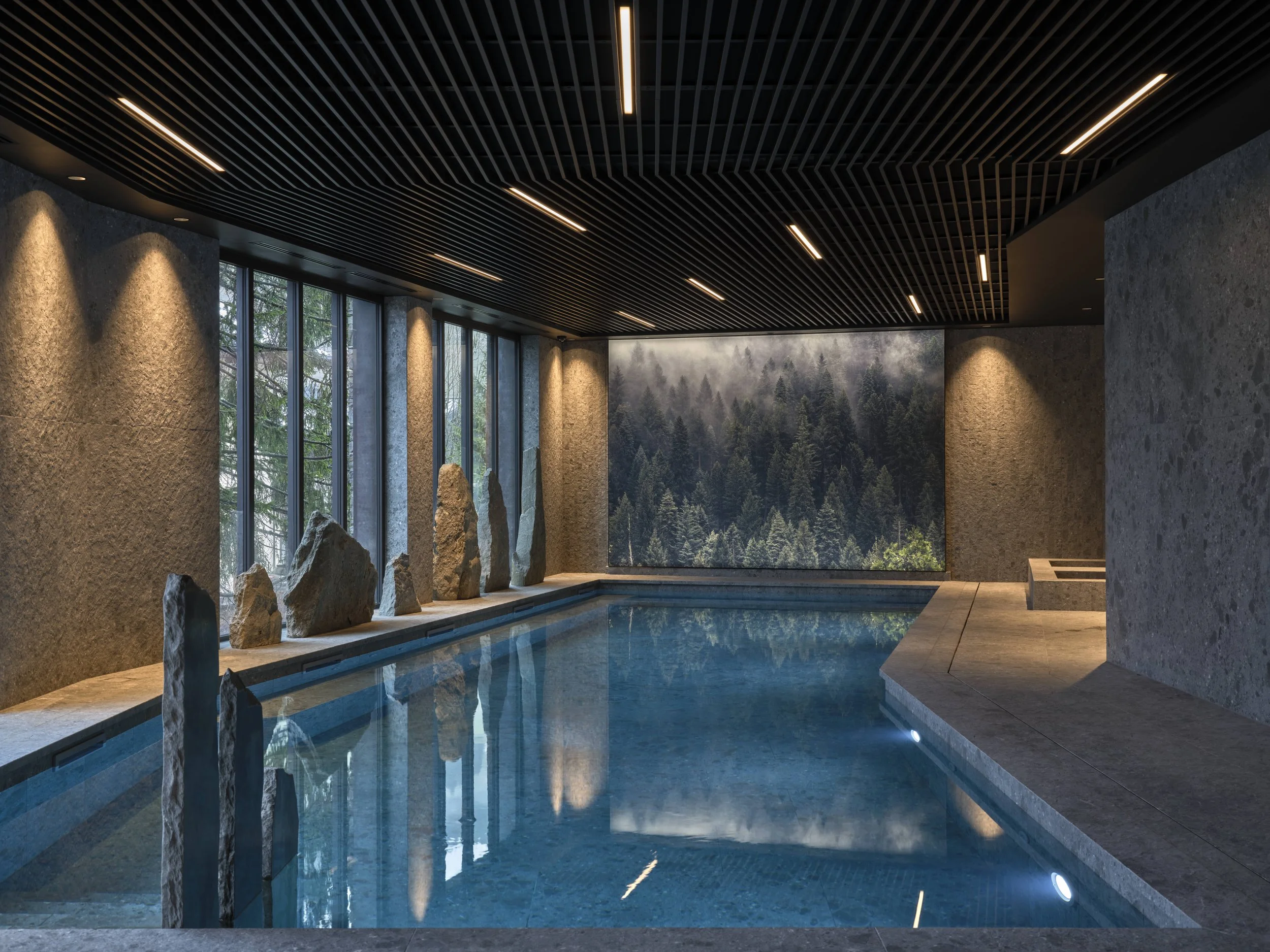 Indoor swimming pool with large windows, stone walls, rock accents, and a forest view mural.