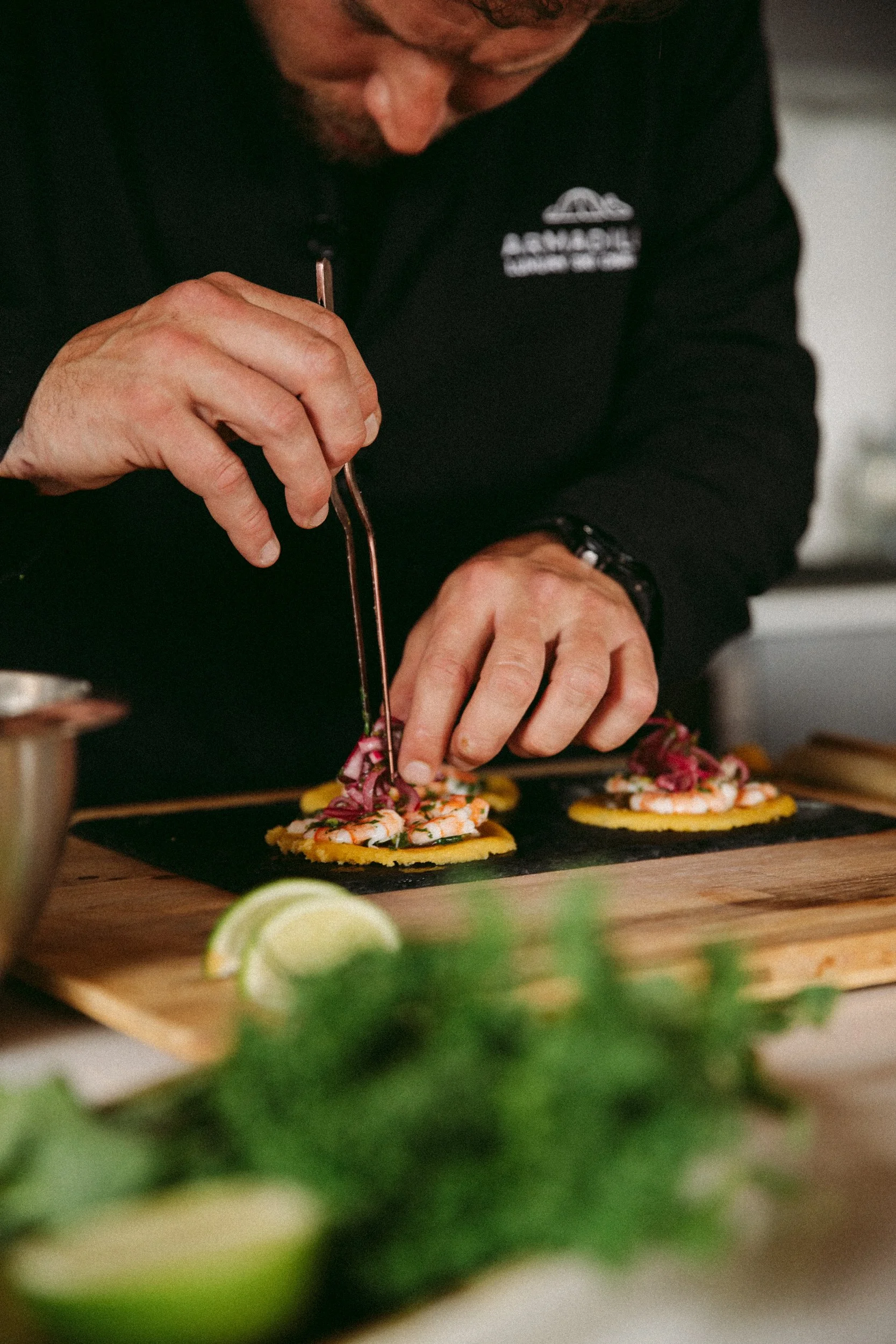 Professional chef creating in house starters for catered chalet guests