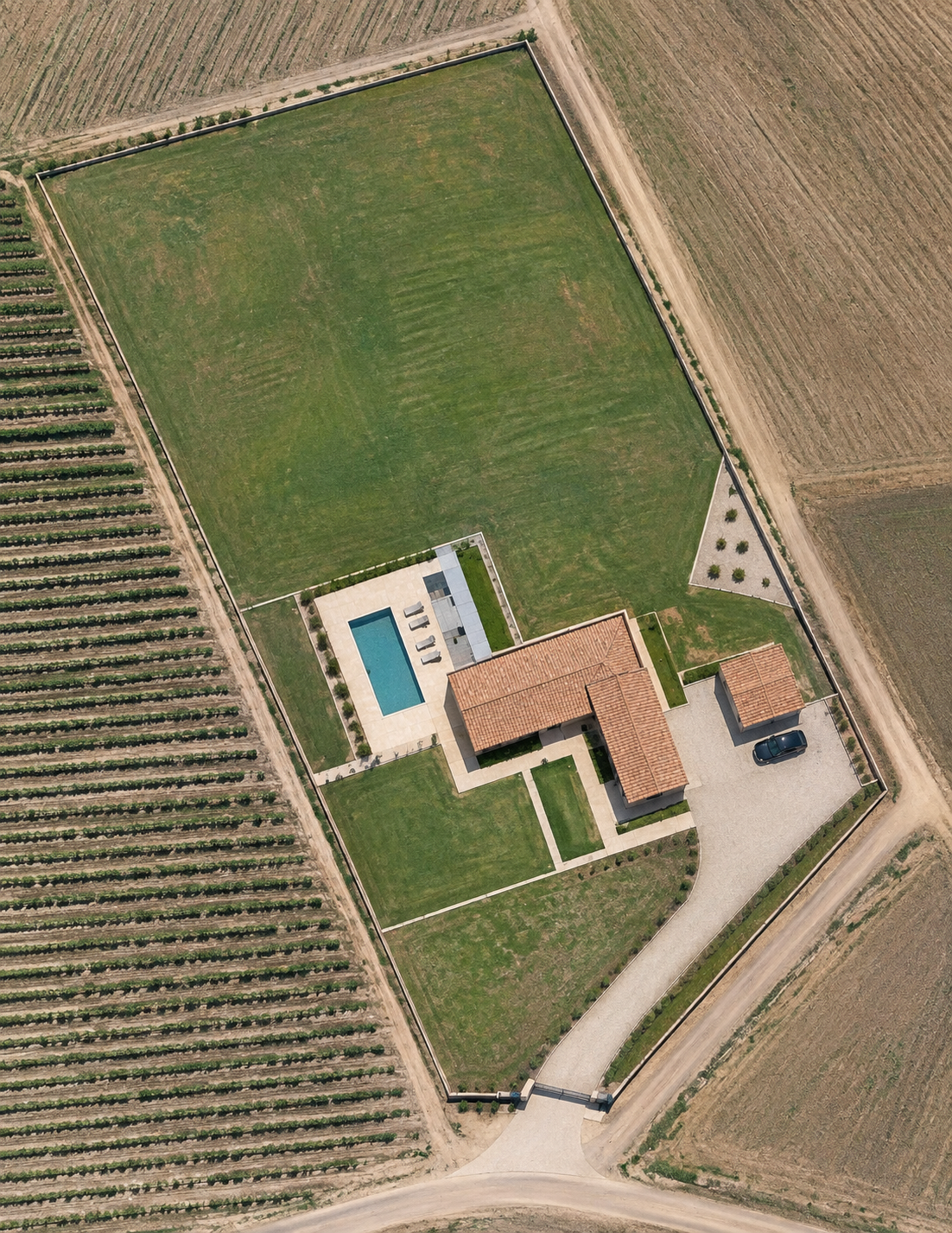 Finca real analizada. Las grandes superficies y con pocas referencias físicas, pueden plantear dificultades a determinados sistemas Lidar. Mientras que estas son favorables para un posicionamiento RTK.
