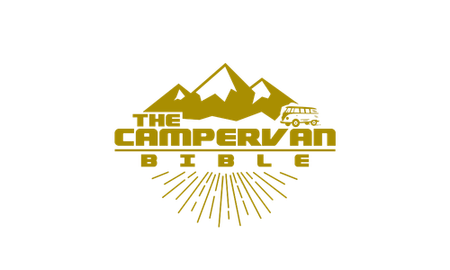 A logo with mountain peaks, the words 'The Camper Van' in bold yellow font, and a small banner reading 'Adventure.' There are radiating lines beneath the text.