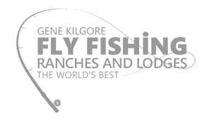 Logo with a fishing hook and reel design promoting Gene Kilgore Fly Fishing, Ranches and Lodges, claiming to be the world's best.