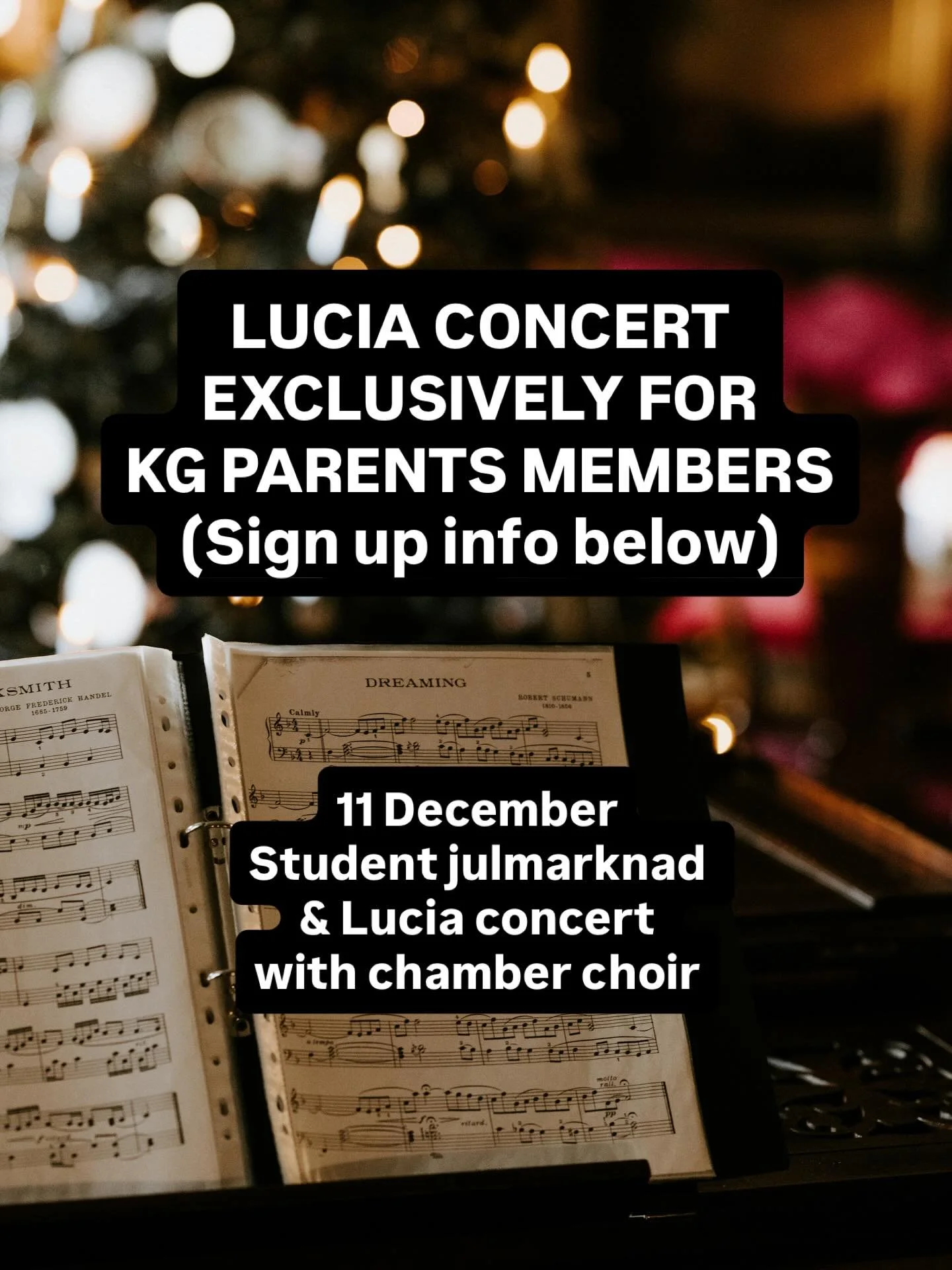 Student Julmarknad, 17.15 - 18.45, outside of aulan | Lucia concert with chamber choir, 18.45 - 19.05, Aulan | SIGN UP FOR MEMBERSHIP NOW, link in bio | KG Parents will be available on-site for sign ups and questions. | If you&rsquo;d like to make a 