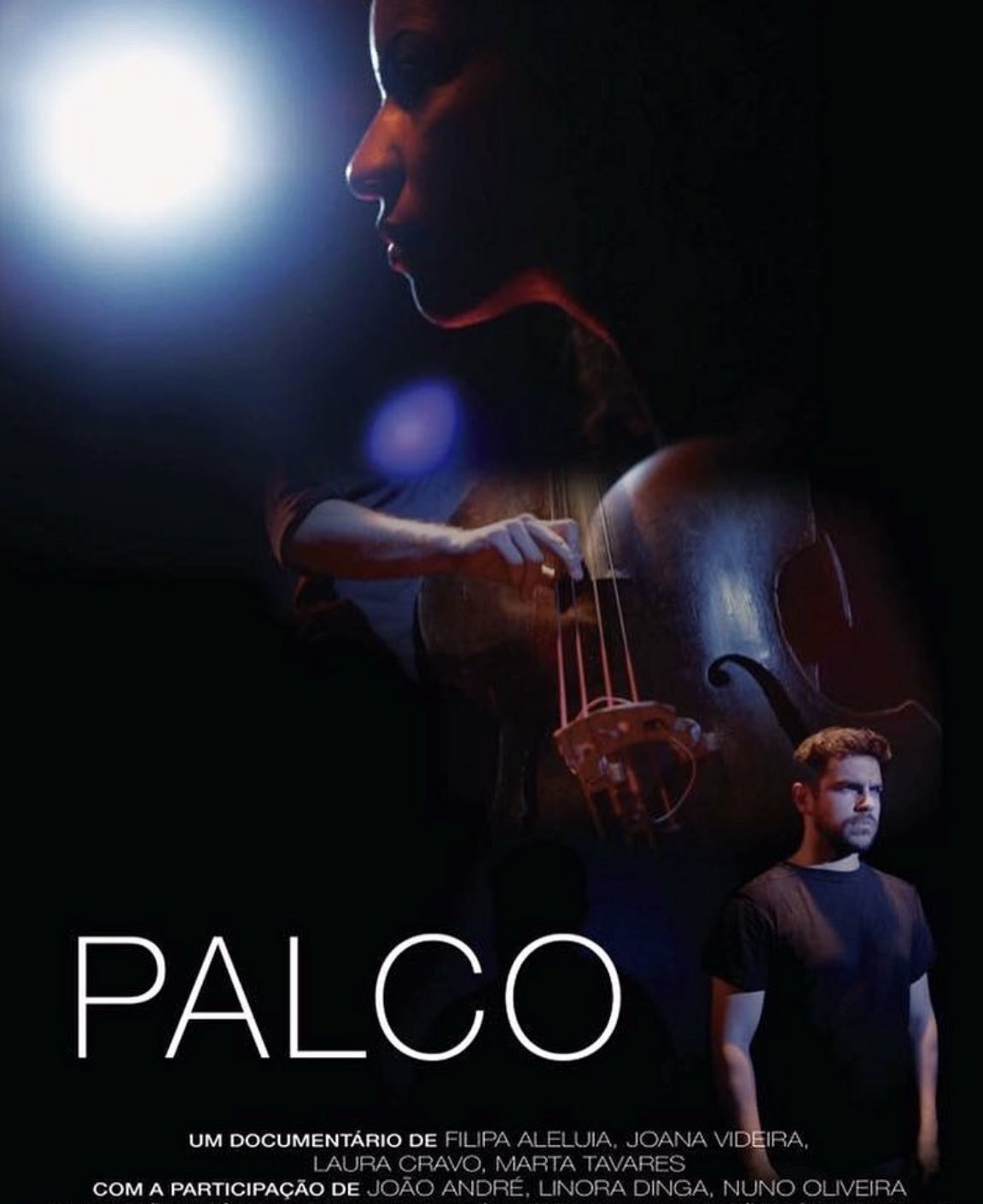 Poster for the documentary film "Palco" featuring a large image of a person playing a cello with a young man standing below. The person playing the cello appears in a silhouette against a spotlight, and the young man is looking serious. The title "PALCO" is at the bottom, along with information about the filmmakers and participants.