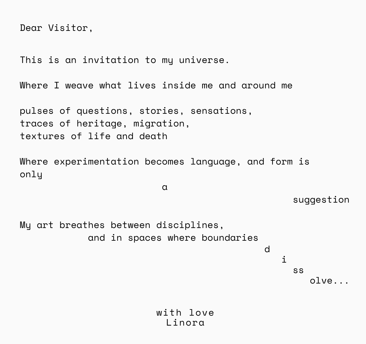 A letter with a poetic message addressed to a visitor, signed by Linora, expressing an artistic and philosophical reflection on life, art, and boundaries.