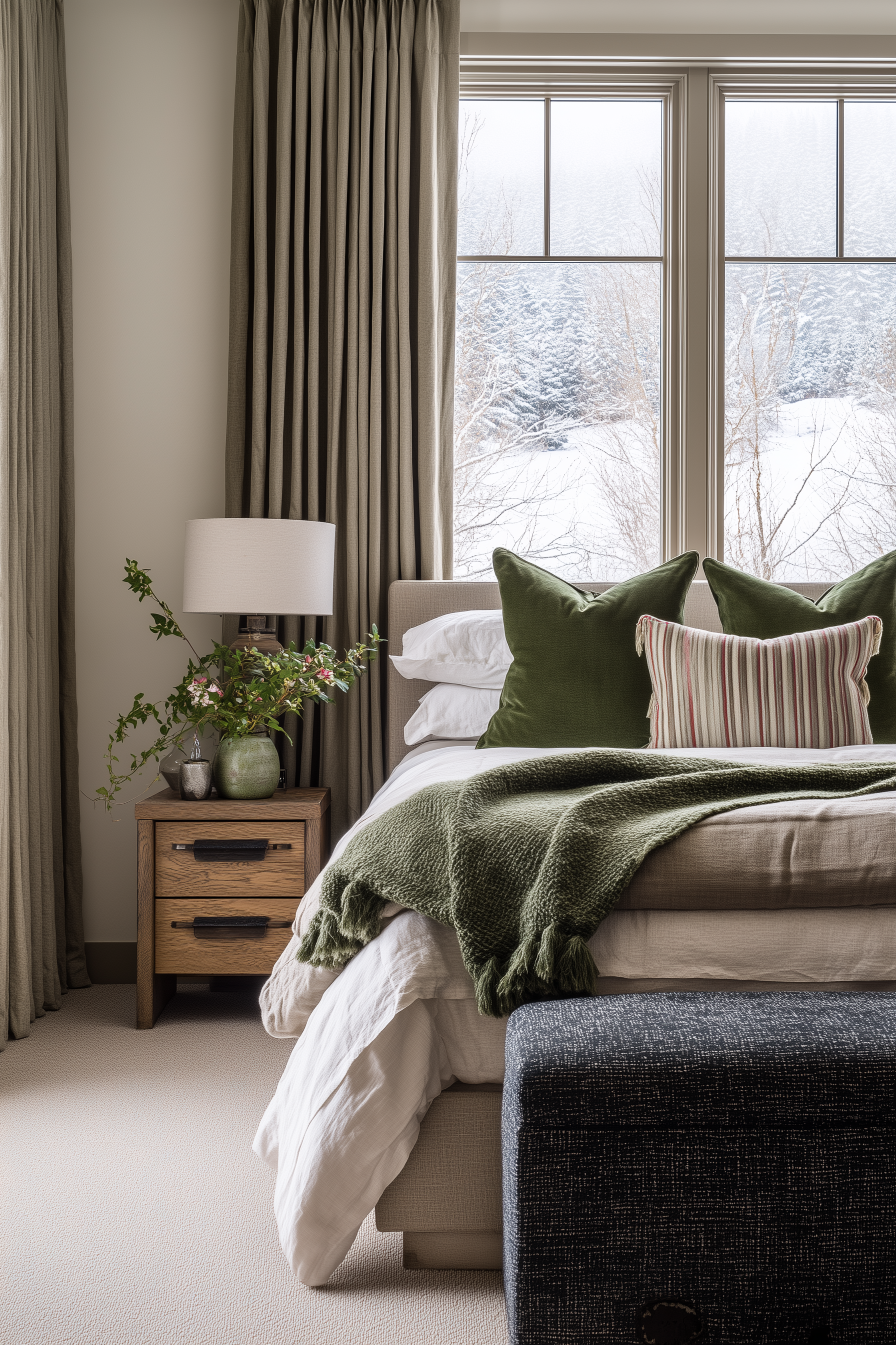 A bedroom with a large window showing a snow-covered landscape outside. The bed has white sheets, green and striped pillows, and a green blanket. Next to the bed is a wooden nightstand with a white lamp, a small plant, and decorative items. There are floor-to-ceiling curtains on the window.