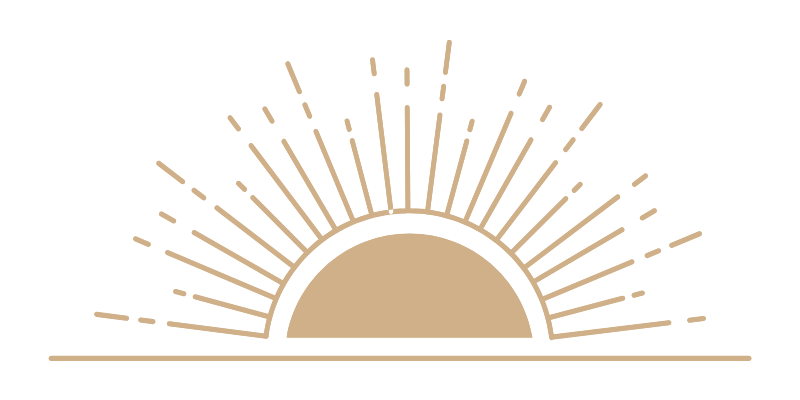 Illustration of a sun with rays extending outward, setting on the horizon.