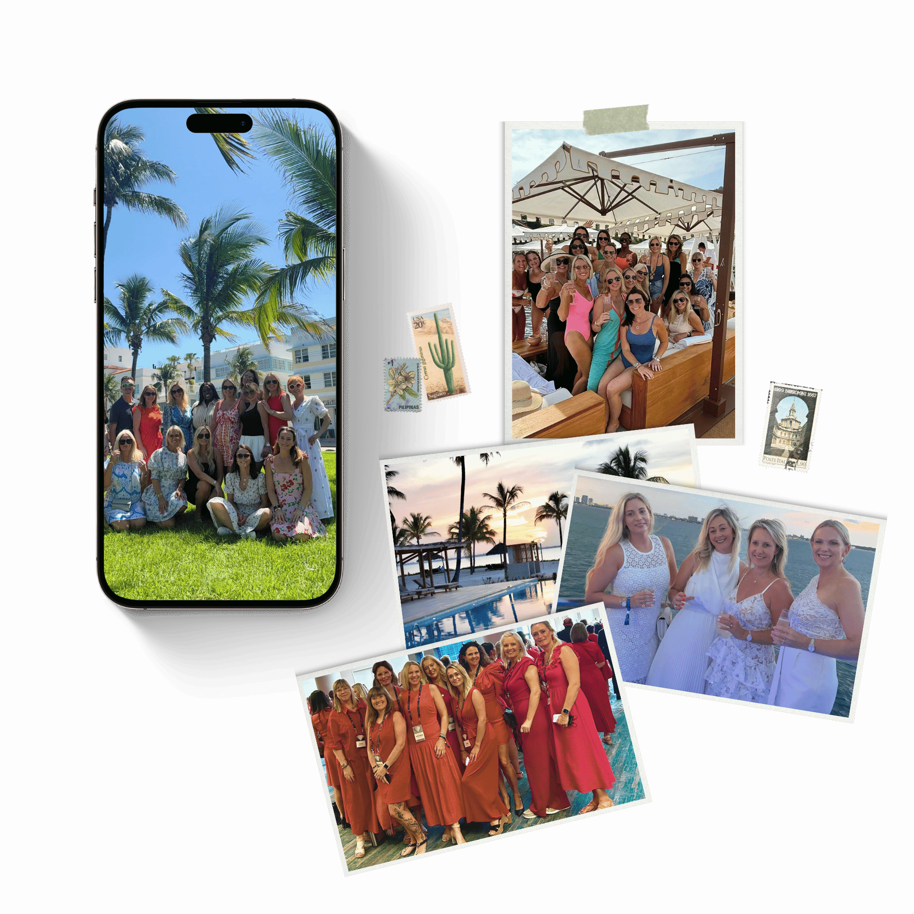 A collection of photographs featuring groups of women at various outdoor and beach locations, with some photos showing palm trees, sunset views, and water, along with a close-up of a smartphone capturing the scene, and vintage postage stamps scattered around.