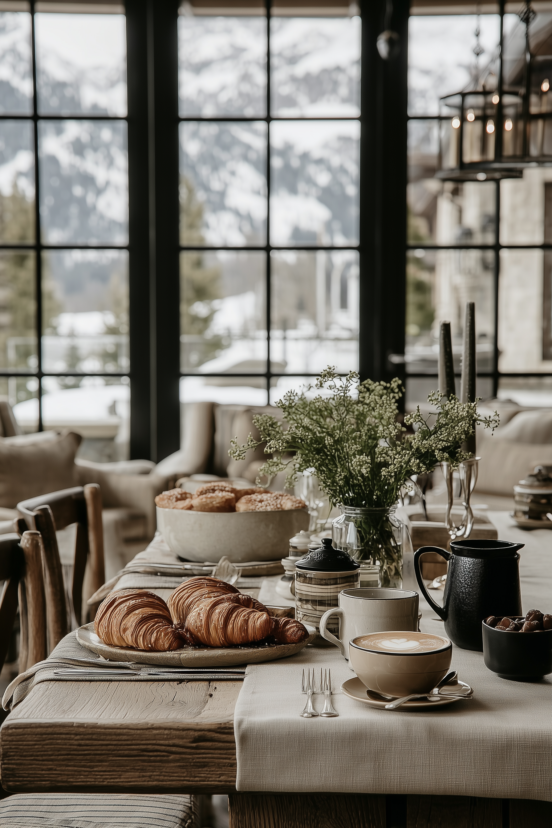 A breakfast table set with croissants, coffee, tea, and breakfast foods in a cozy dining room with large windows showing a snowy mountain landscape outside.