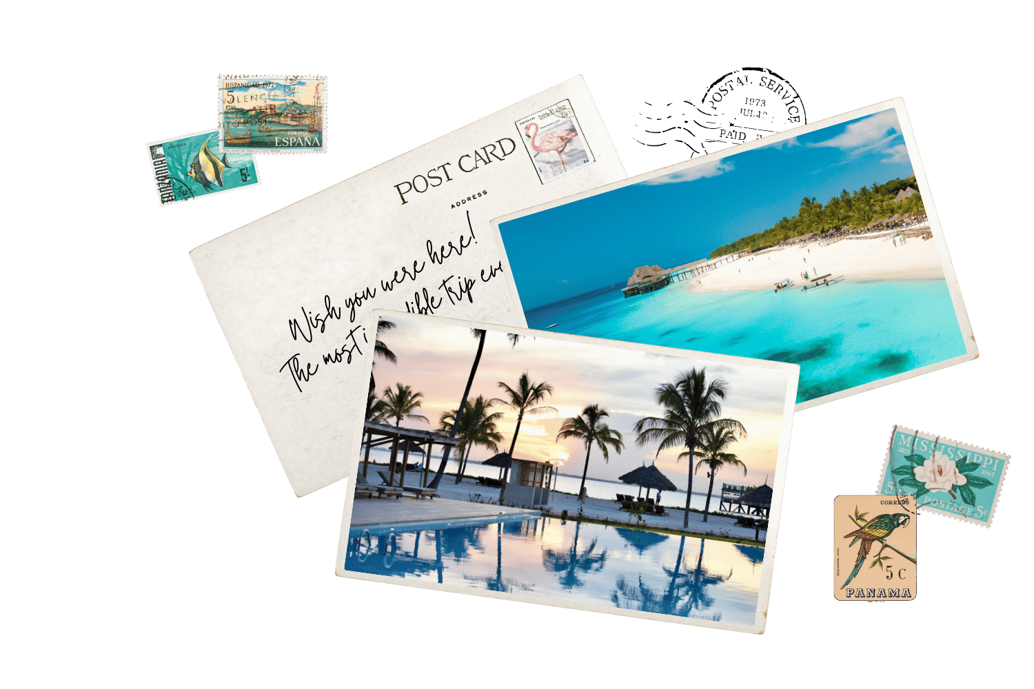 Collection of vintage postcards and postage stamps featuring tropical beach scenes with palm trees, ocean, and resort views.