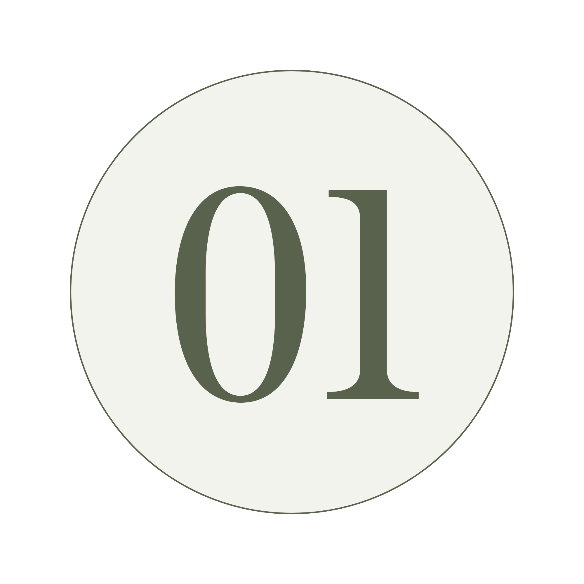 Close-up of a circular design with the number 01 on a white background and a black and gray gradient border.
