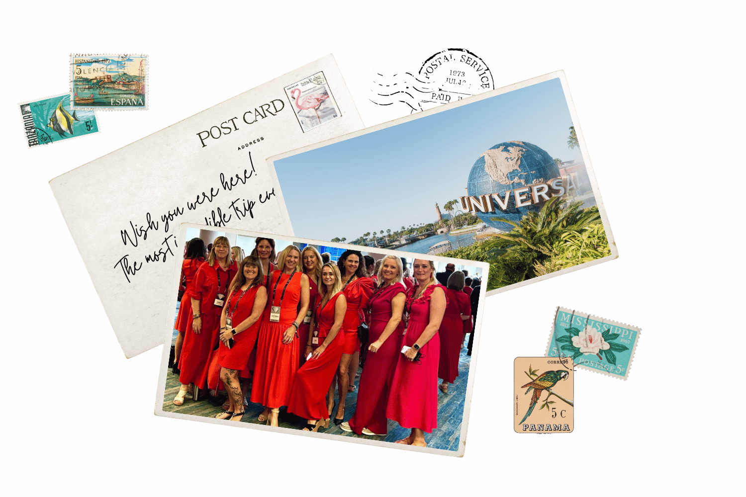 A collection of travel-themed postcards, stamps, and photographs on a pink background. Includes images of a group of women in red dresses, the Universal Studios globe, and handwritten messages.