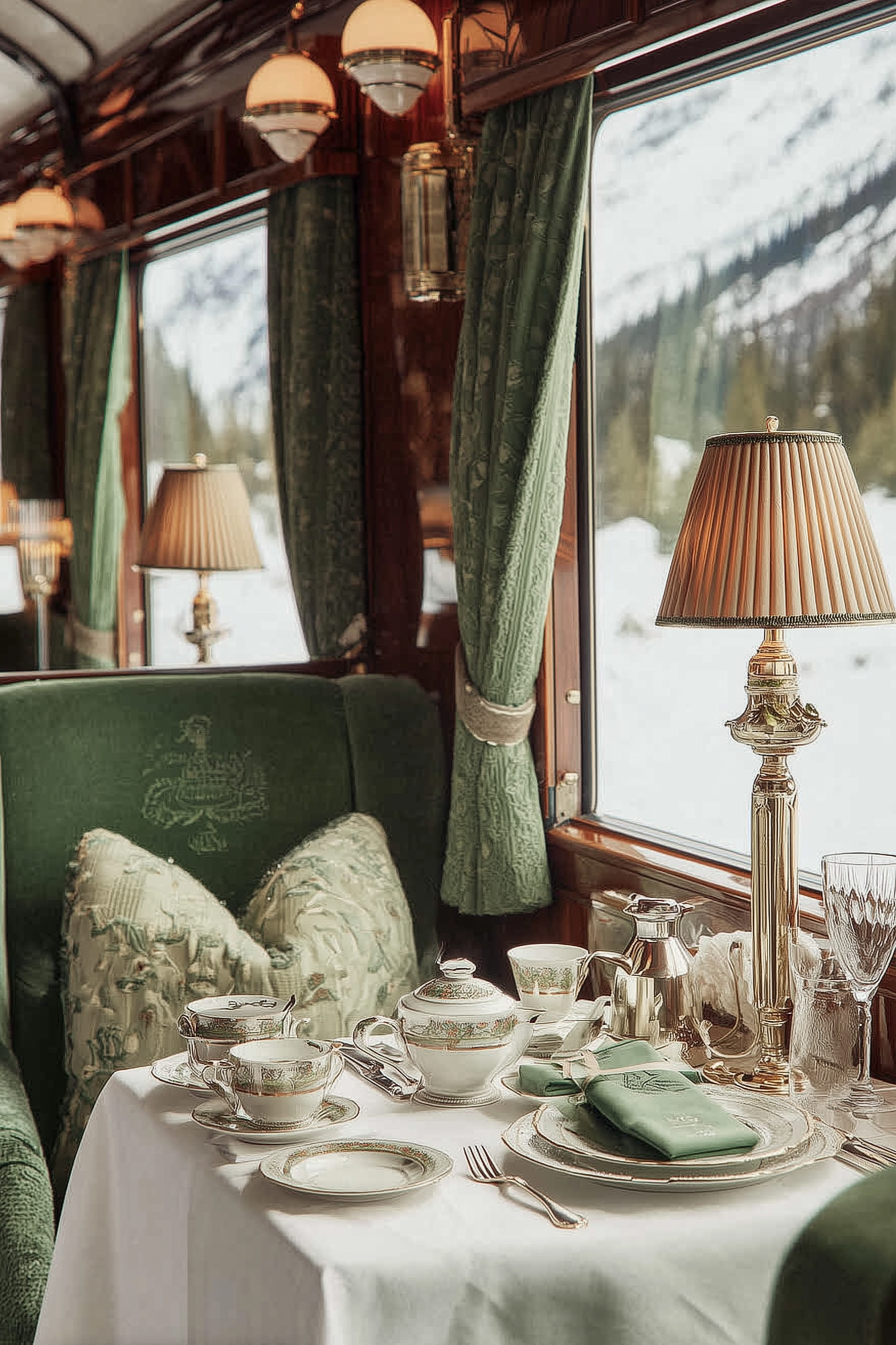A cozy Victorian-style dining car interior featuring a table set with fine china, silverware, and glassware. Green upholstered seating and curtains decorate the space, with a view of snowy landscape through the window. A vintage lamp with a pleated beige shade sits on the table.