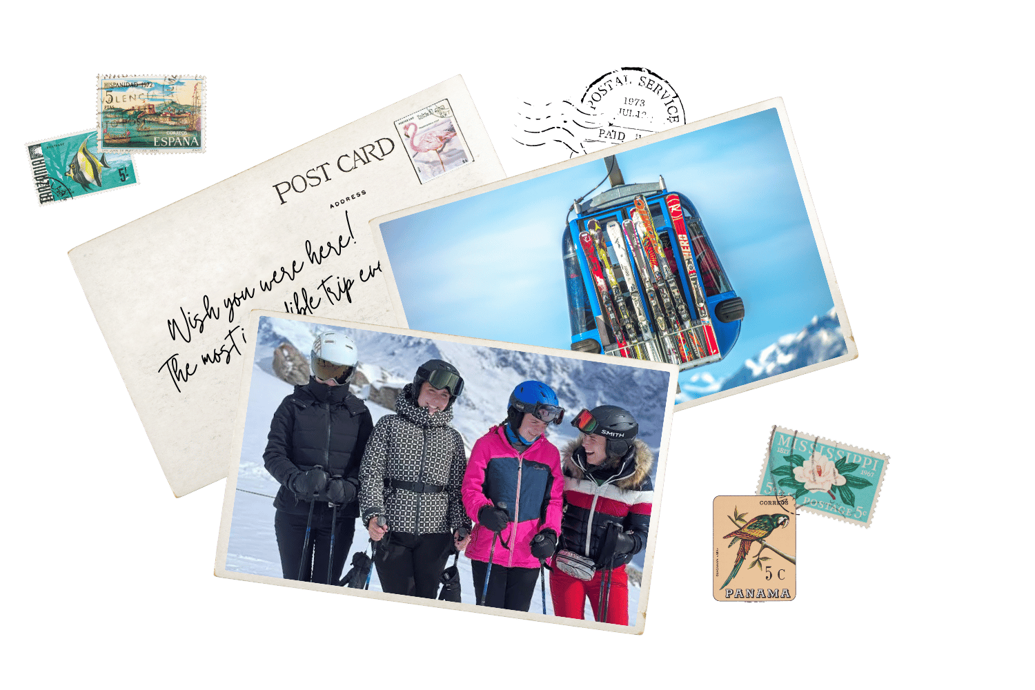 A collection of postcards and photographs depicting a ski trip. The images include a snowy mountain scene with people in ski gear, a ski gondola filled with skis, and various postage stamps, including ones from Spain, Mississippi, and Panama.