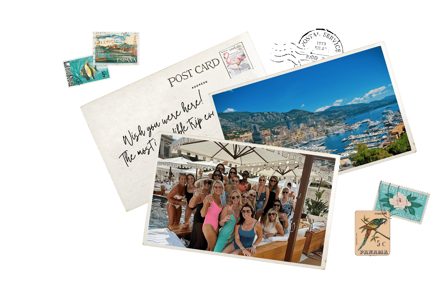 Vacation postcards and photos, including a group of women in swimsuits at a pool party, a city harbor with boats, and a handwritten message on a postcard.