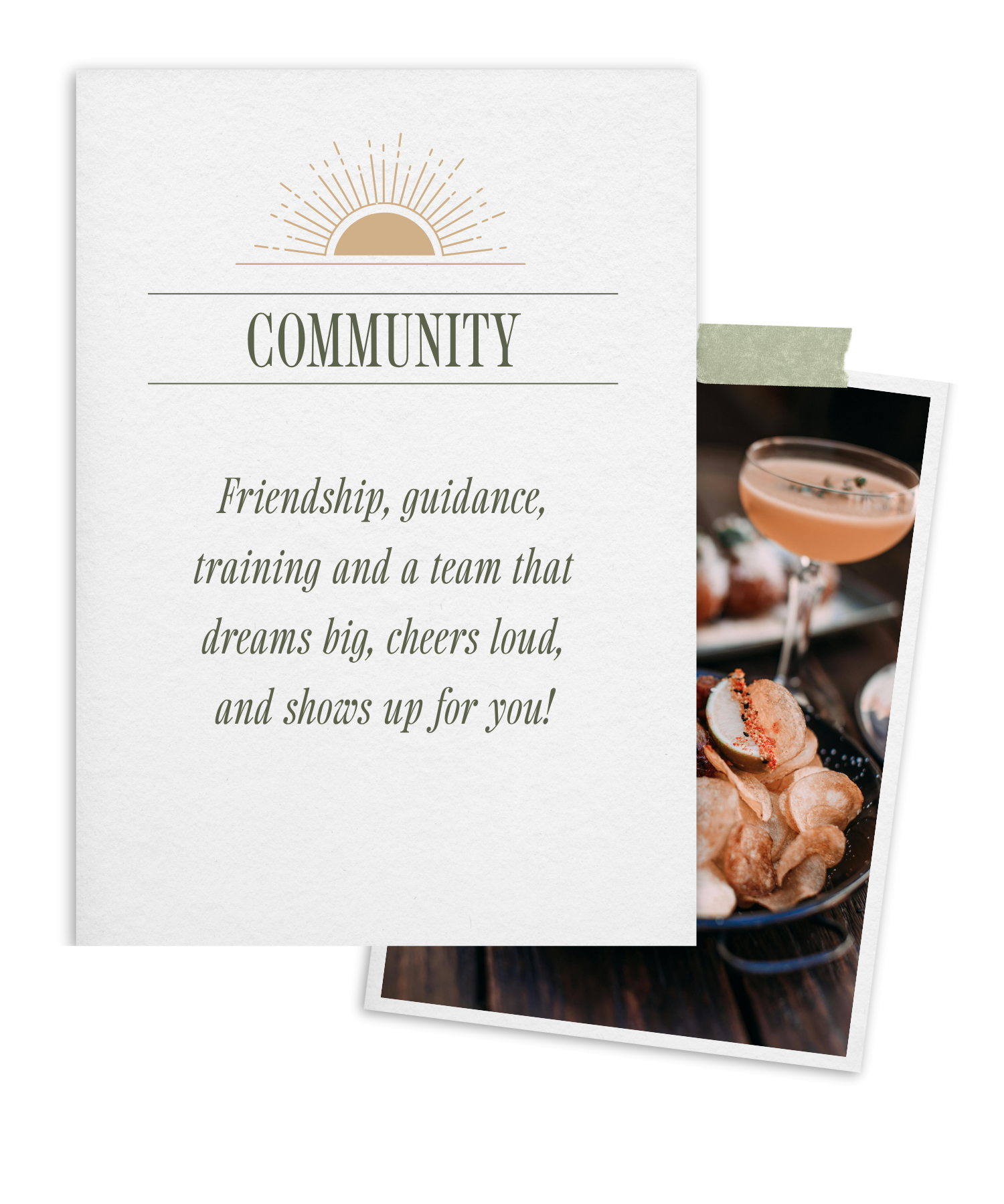 Invitation or flyer with a sunrise illustration and the word 'COMMUNITY' in large font. The text mentions friendship, guidance, training, teamwork, and support.