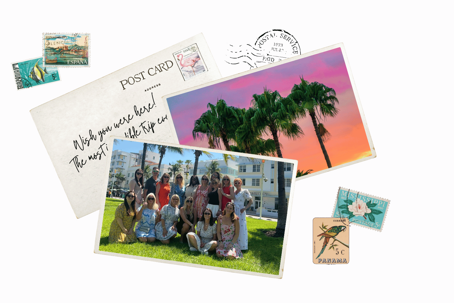 A collection of vacation-themed postcards and a group photo of women outdoors with palm trees and colorful buildings in the background, on a purple surface.
