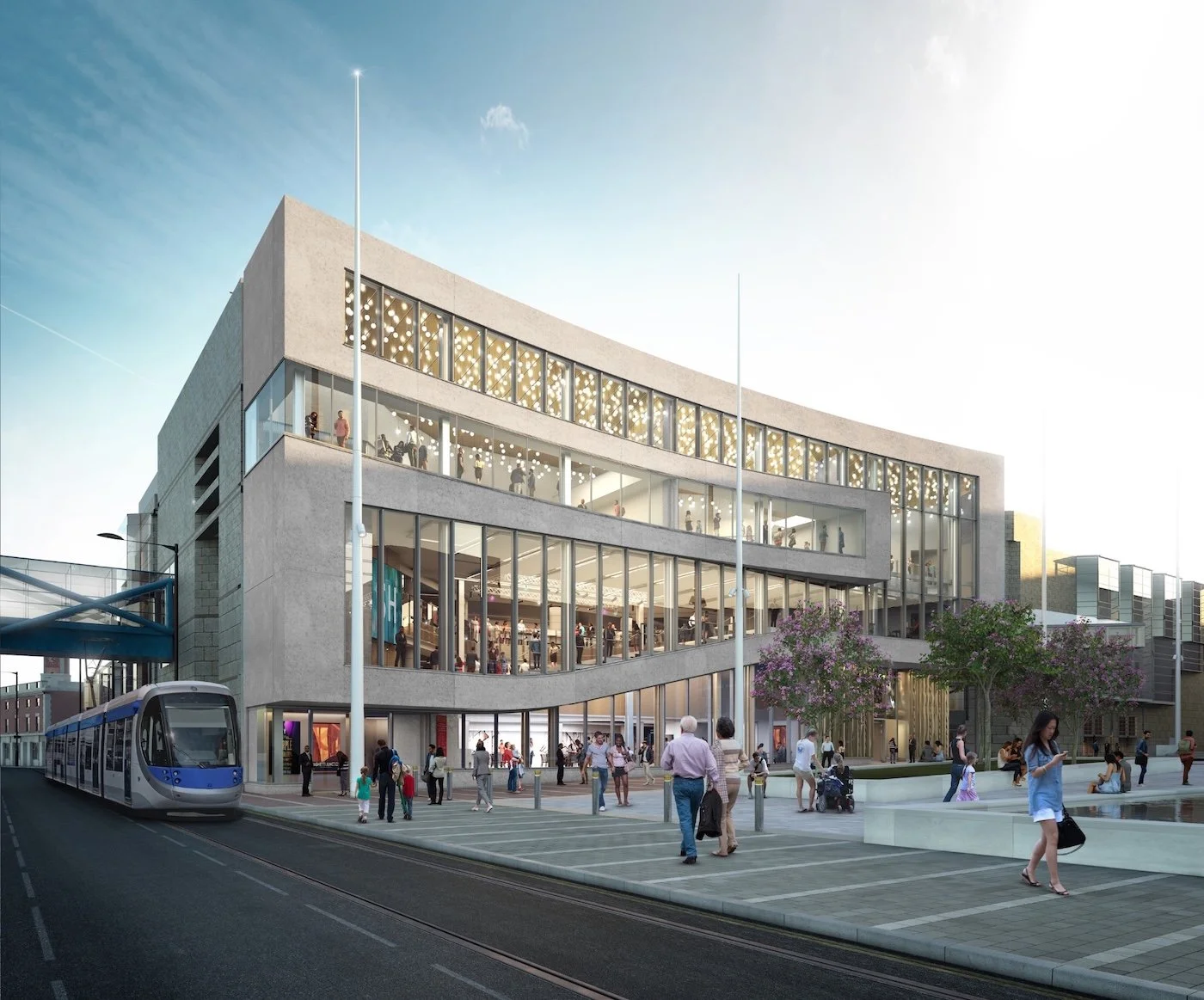 Modern multi-story public building with glass windows, people walking outside, trees, and a digital train on tracks in an urban setting